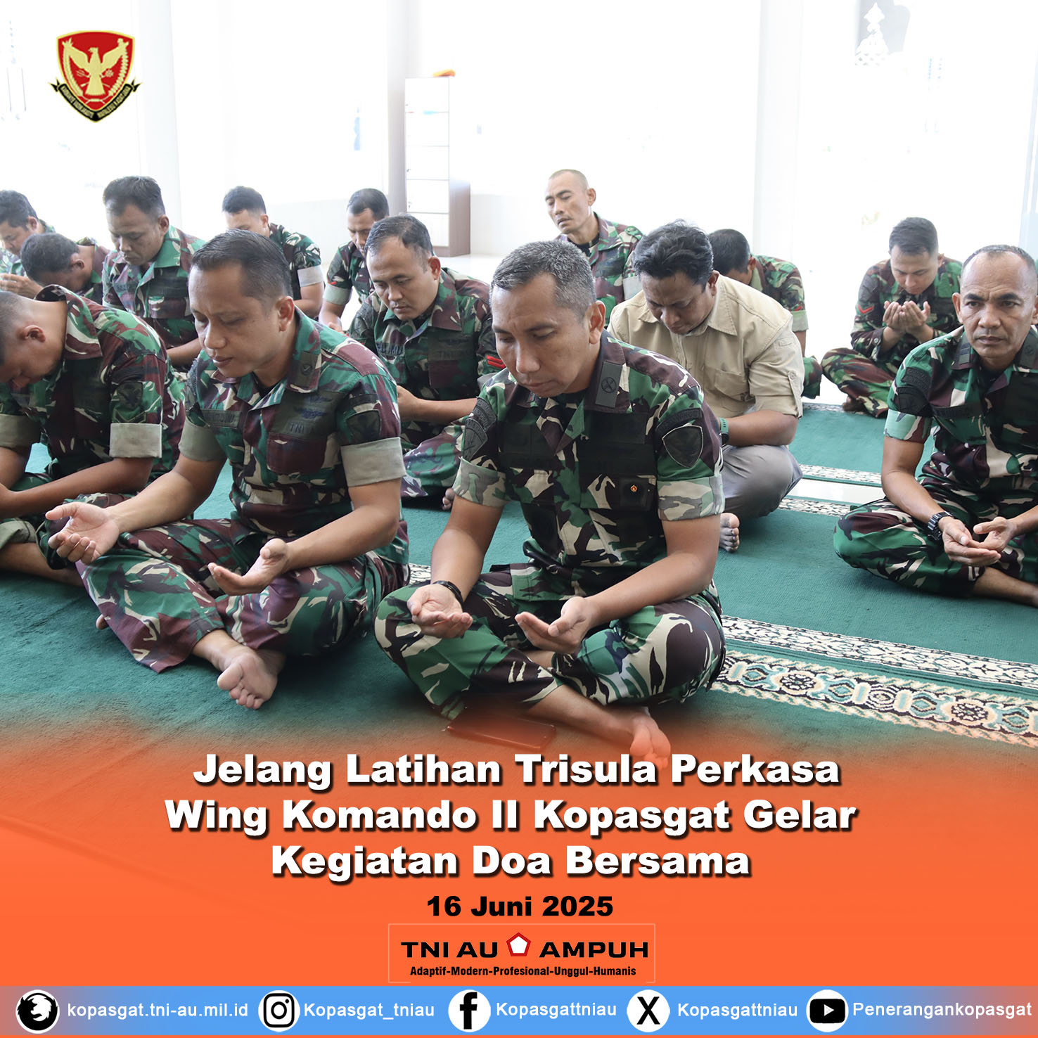 Jelang Manuver Lapangan Latihan Trisula Perkasa, Wing Komando II Kopasgat Gelar Kegiatan Doa Bersama
