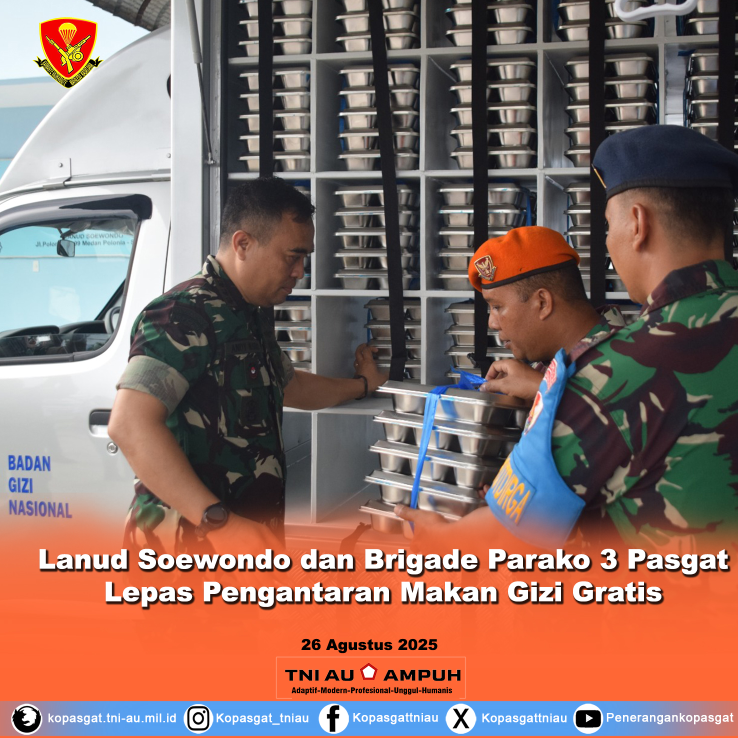 Lanud Soewondo dan Brigade Parako 3 Pasgat Lepas Pengantaran Makan Gizi Gratis