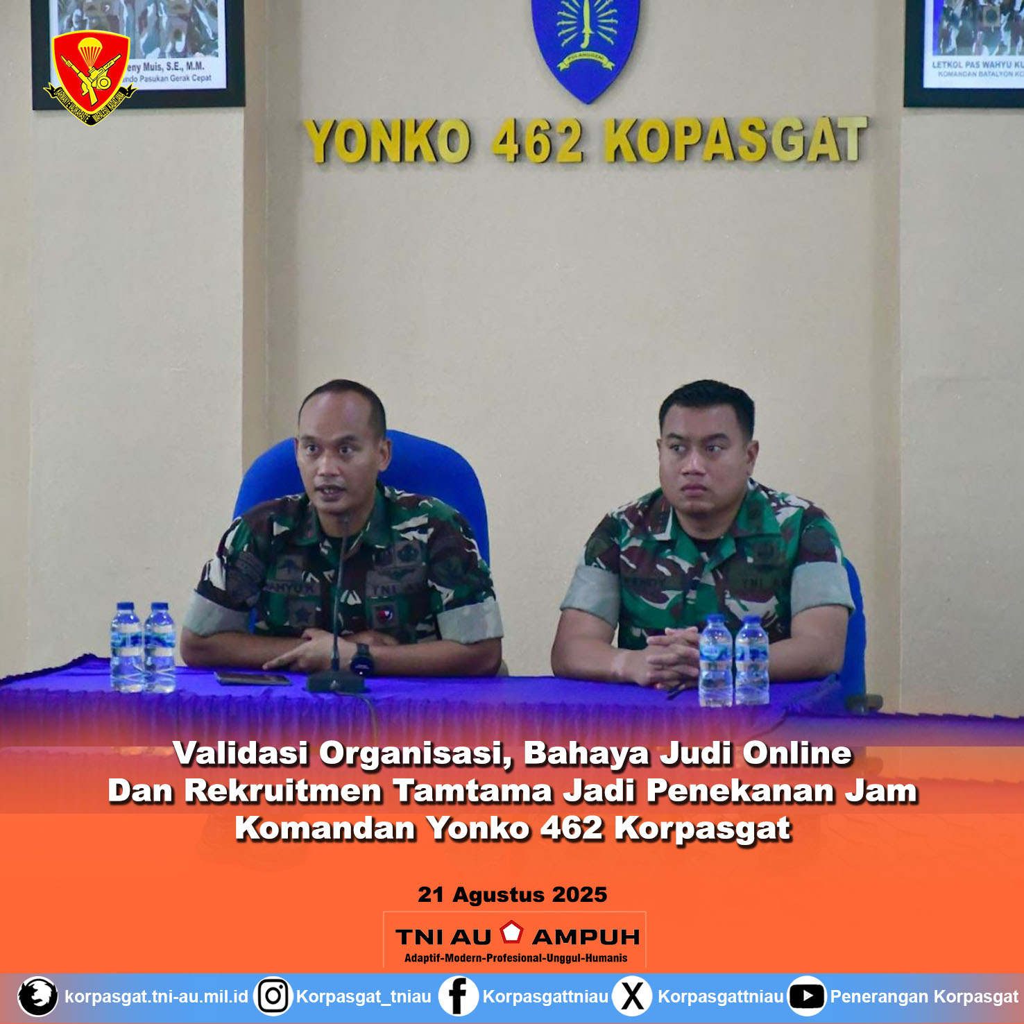 Validasi Organisasi, Bahaya Judi Online, Dan Rekruitmen Tamtama Jadi Penekanan Jam Komandan Yonko 462 Korpasgat