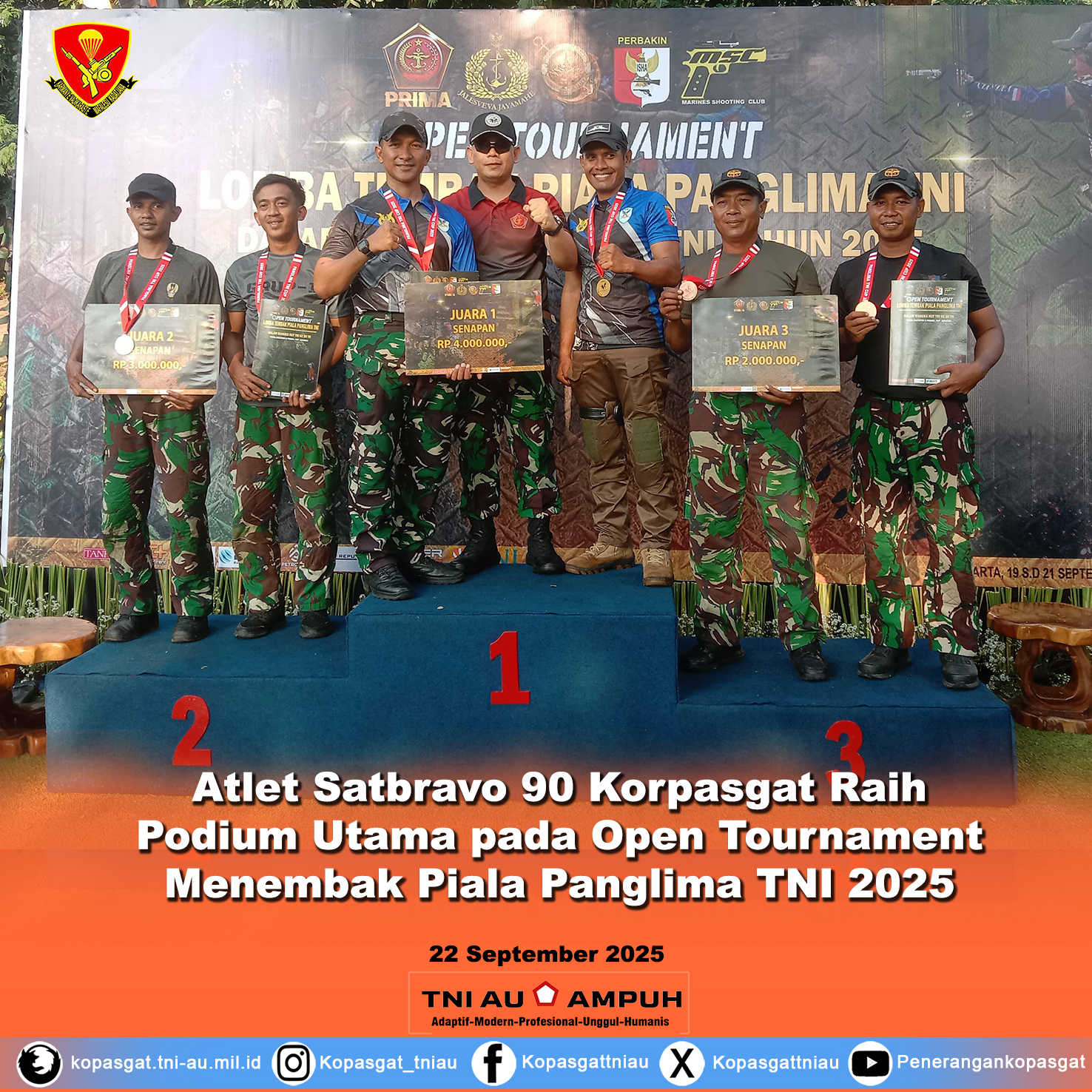 Atlet Satbravo 90 Korpasgat Raih Podium Utama pada Open Tournament Menembak Piala Panglima TNI 2025
