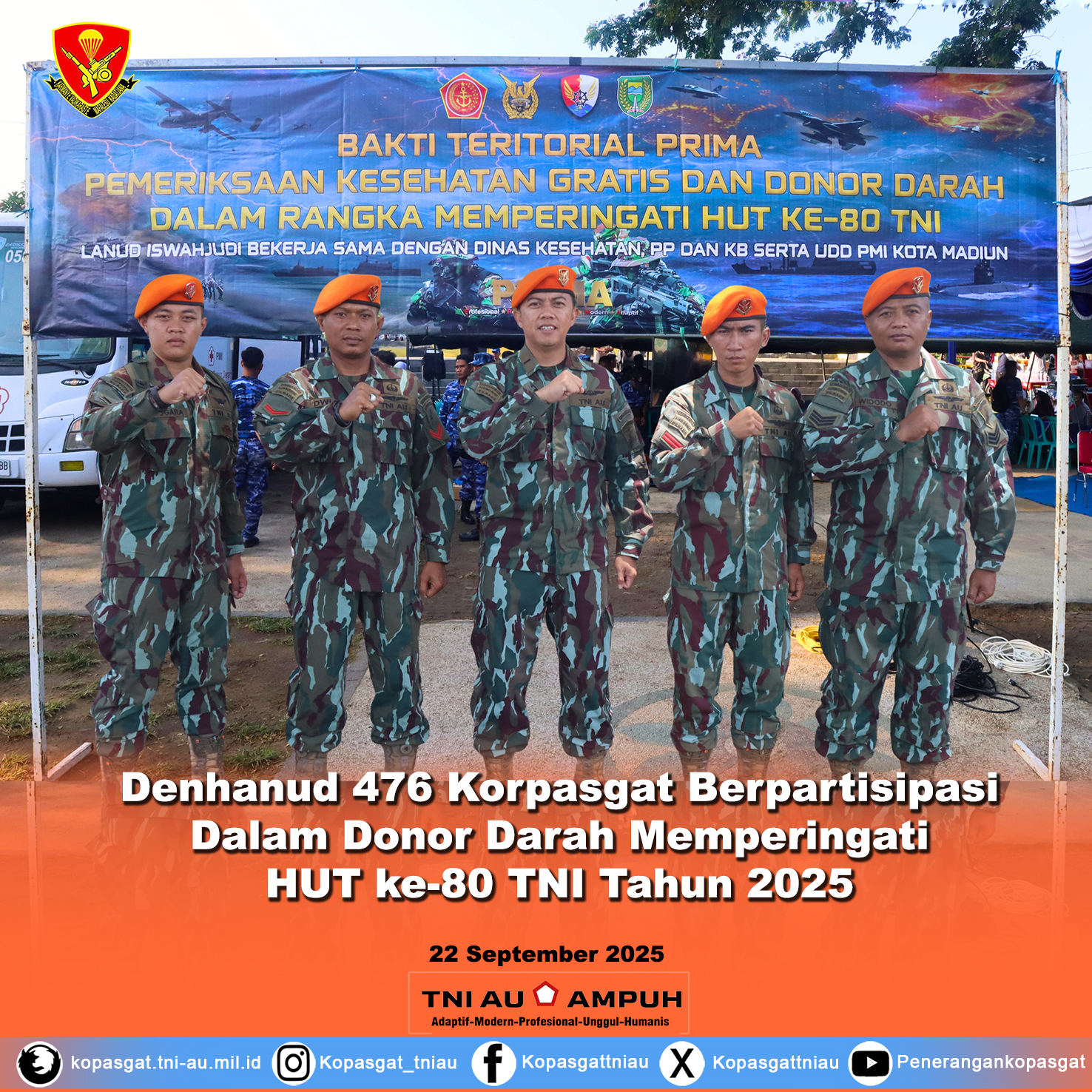 Denhanud 476 Korpasgat Berpartisipasi Dalam Donor Darah Memperingati HUT ke-80 TNI Tahun 2025