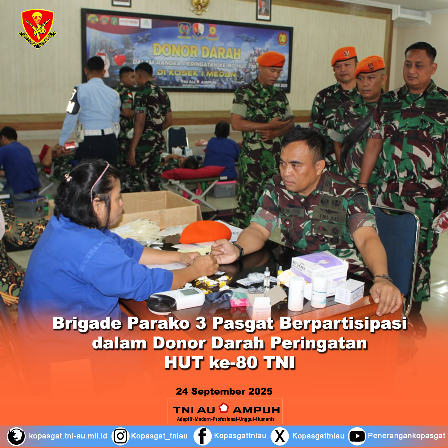 Brigade Parako 3 Pasgat Berpartisipasi dalam Donor Darah Peringatan HUT ke-80 TNI