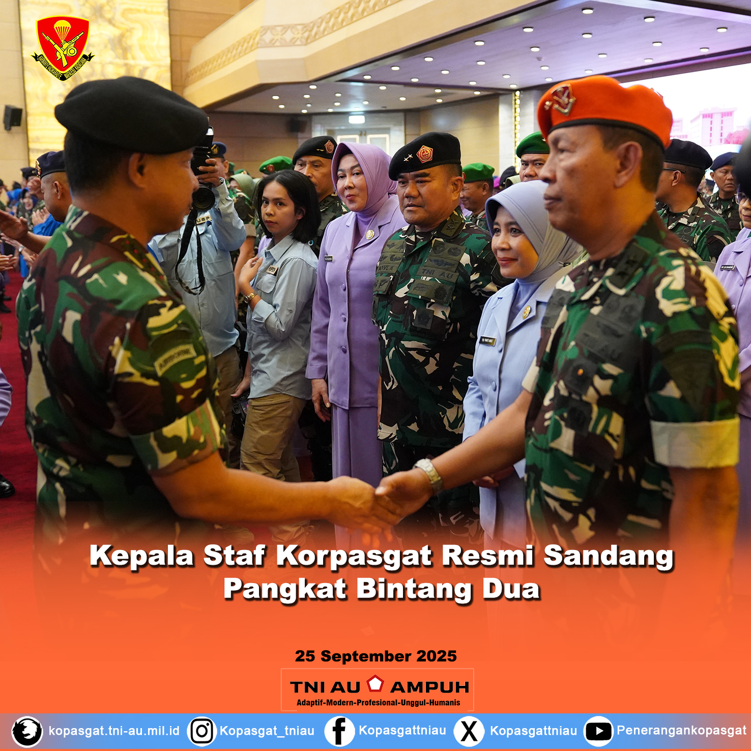 Kepala Staf Korpasgat Resmi Sandang Pangkat Bintang Dua