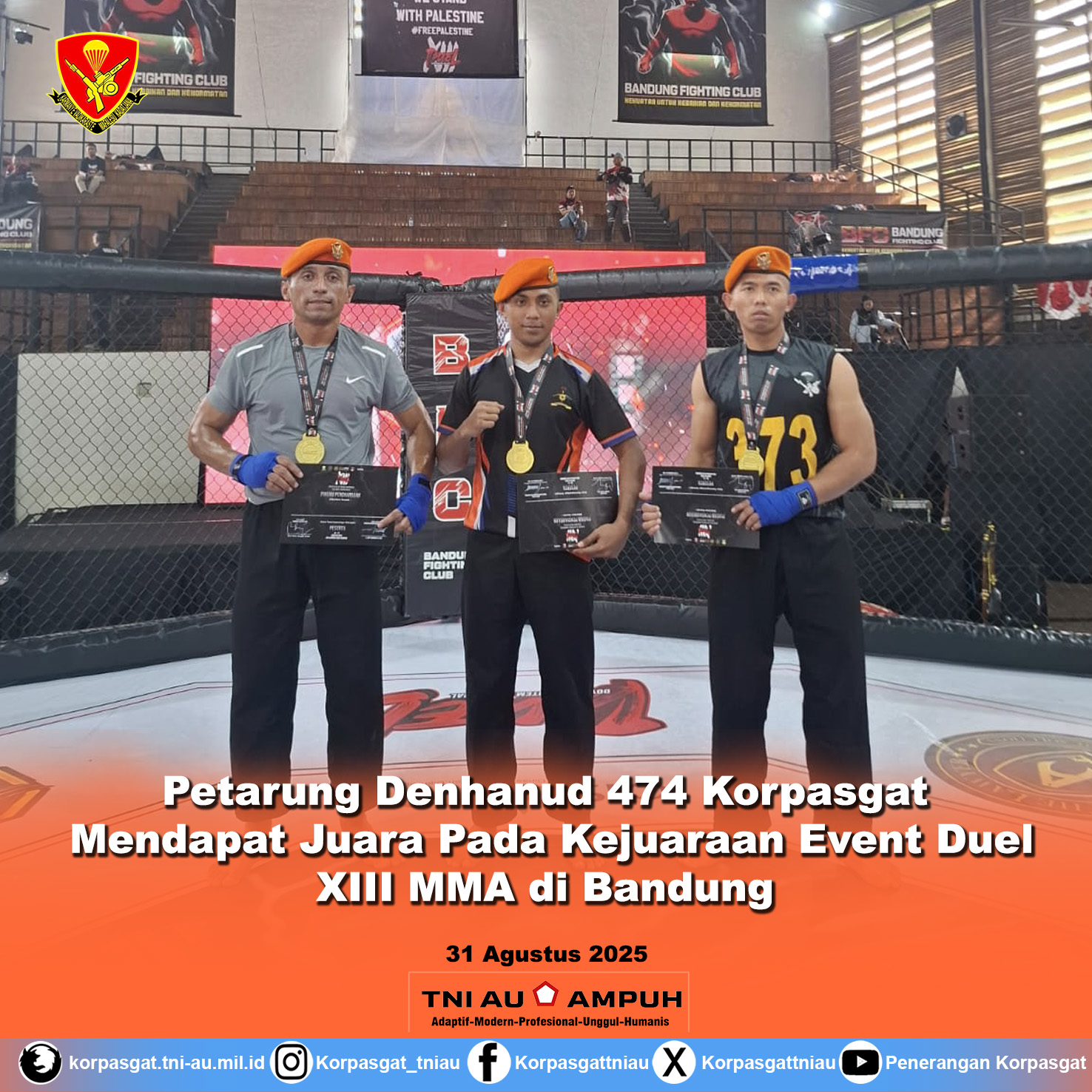 Petarung Denhanud 474 Korpasgat Mendapat Juara Pada Kejuaraan Event Duel XIII MMA di Bandung
