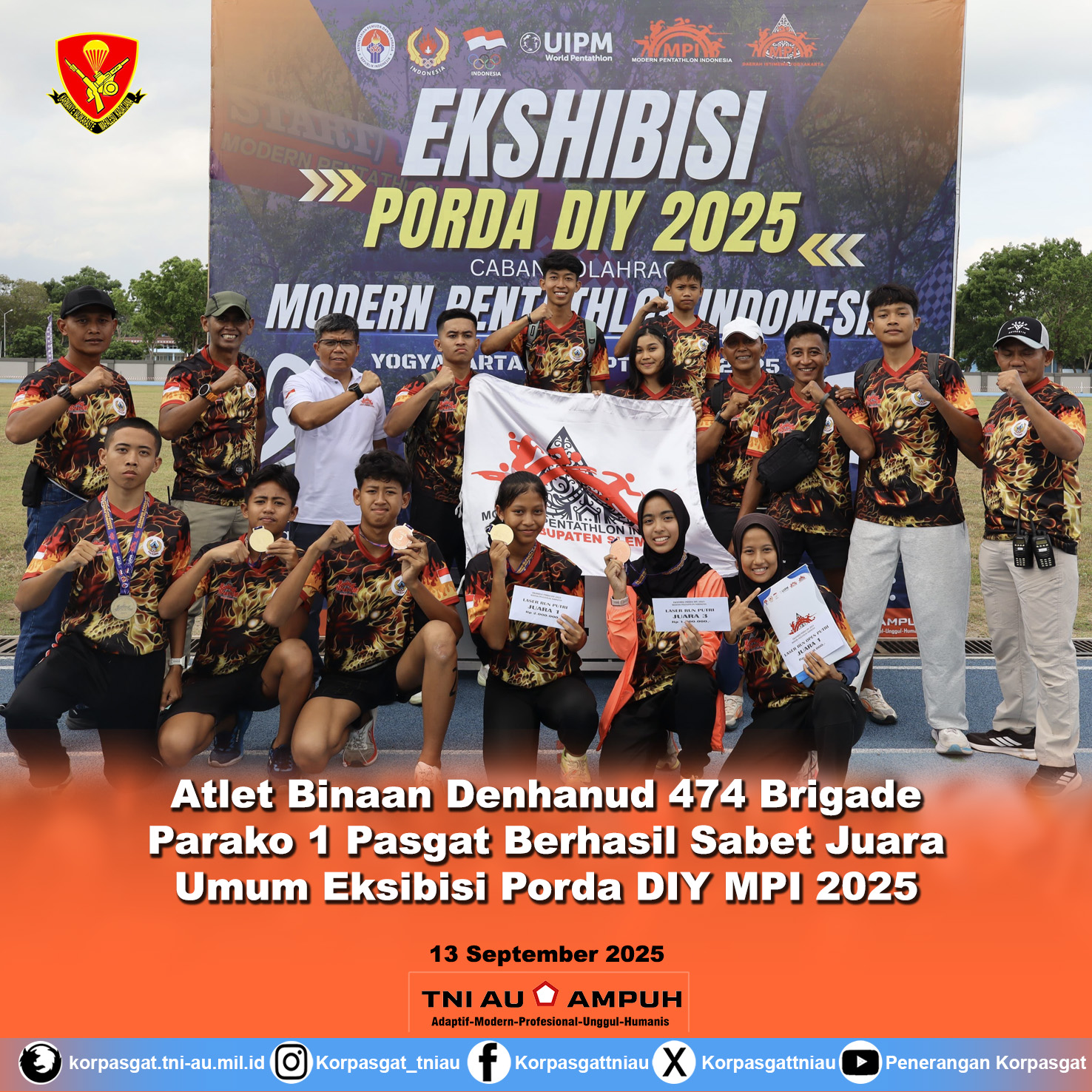 Atlet Binaan Denhanud 474 Brigade Parako 1 Pasgat Berhasil Sabet Juara Umum Eksibisi Porda DIY Modern Pentathlon Indonesia 2025