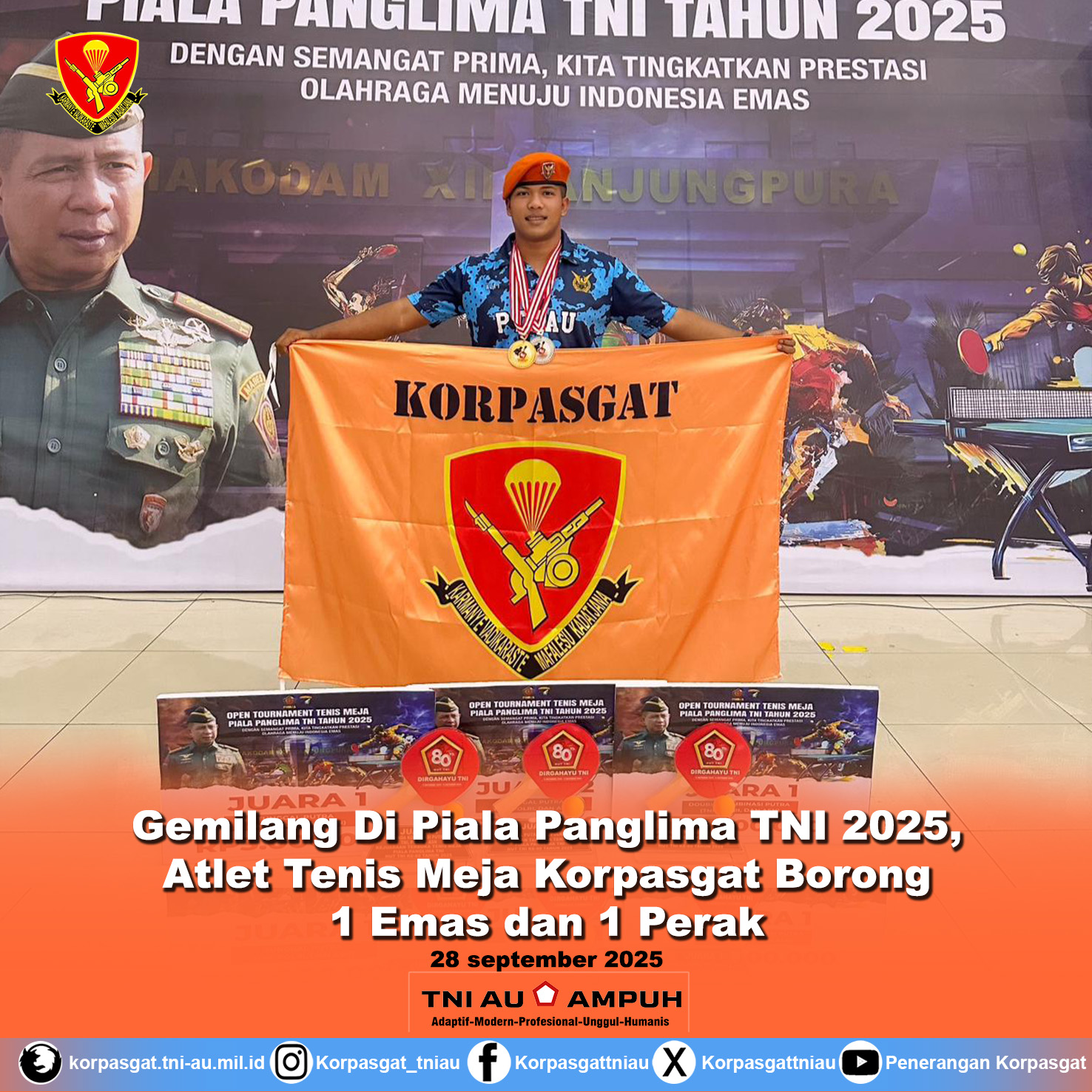 Gemilang Di Piala Panglima TNI 2025, Atlet Tenis Meja Korpasgat Borong 1 Emas dan 1 Perak