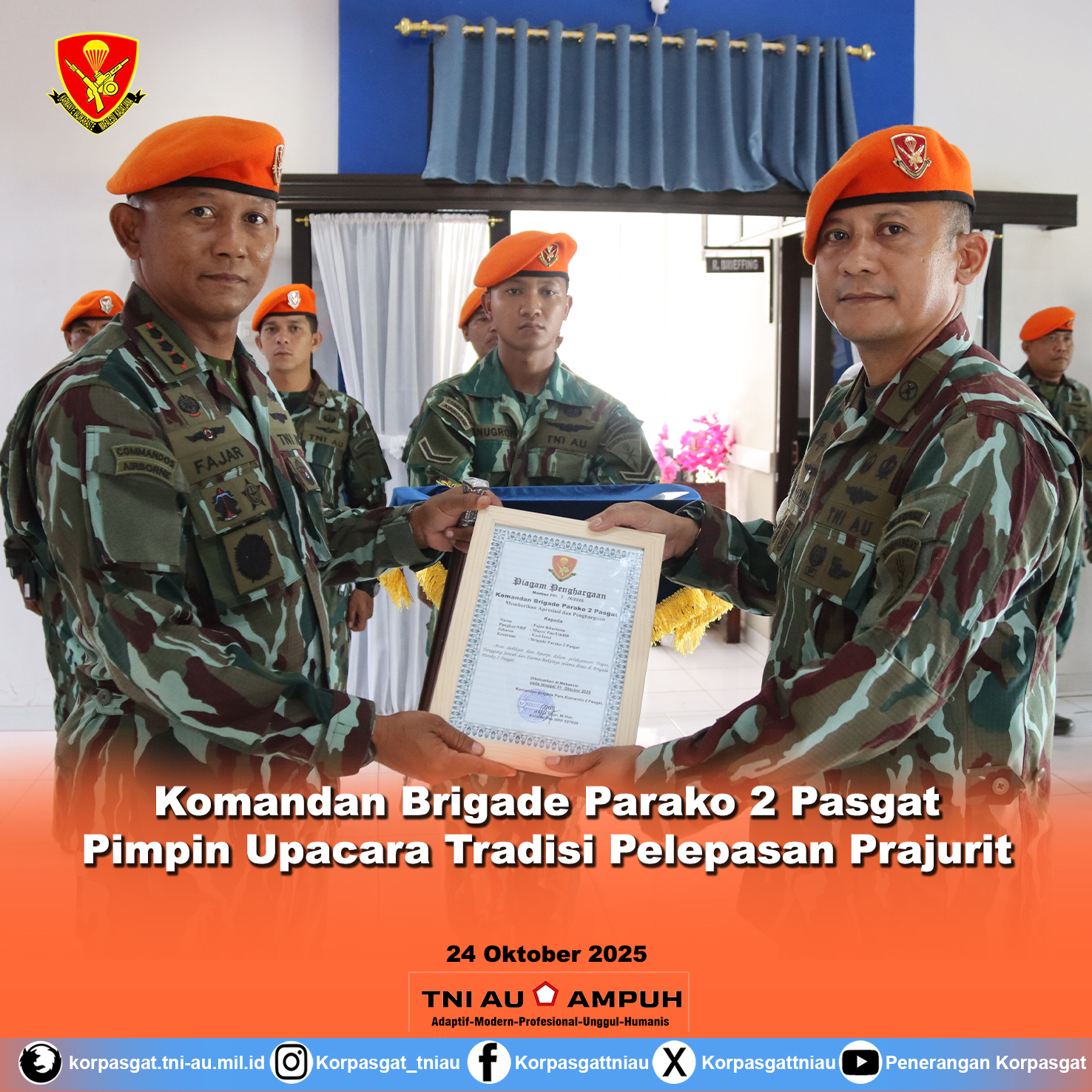 Komandan Brigade Parako 2 Pasgat Pimpin Upacara Tradisi Pelepasan Prajurit