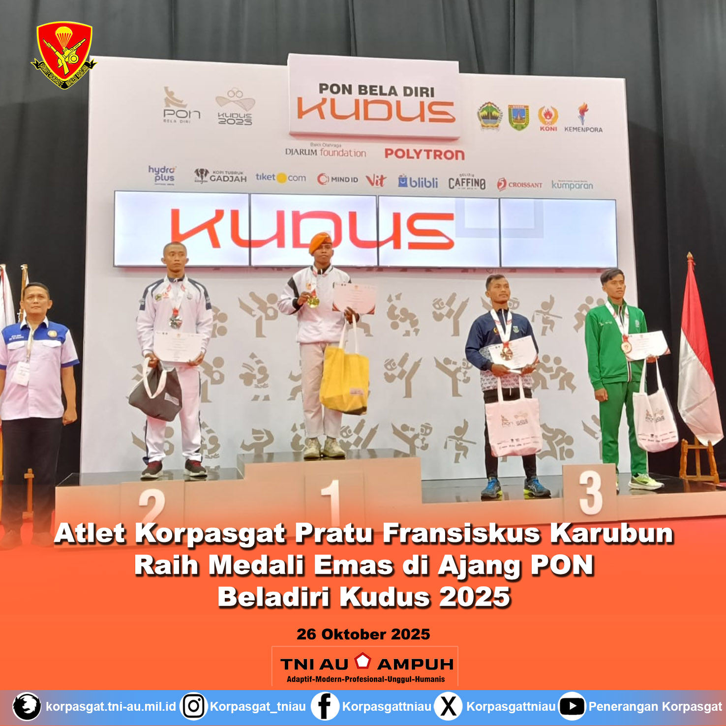 Atlet Korpasgat Pratu Fransiskus Karubun Raih Medali Emas di Ajang PON Beladiri Kudus 2025