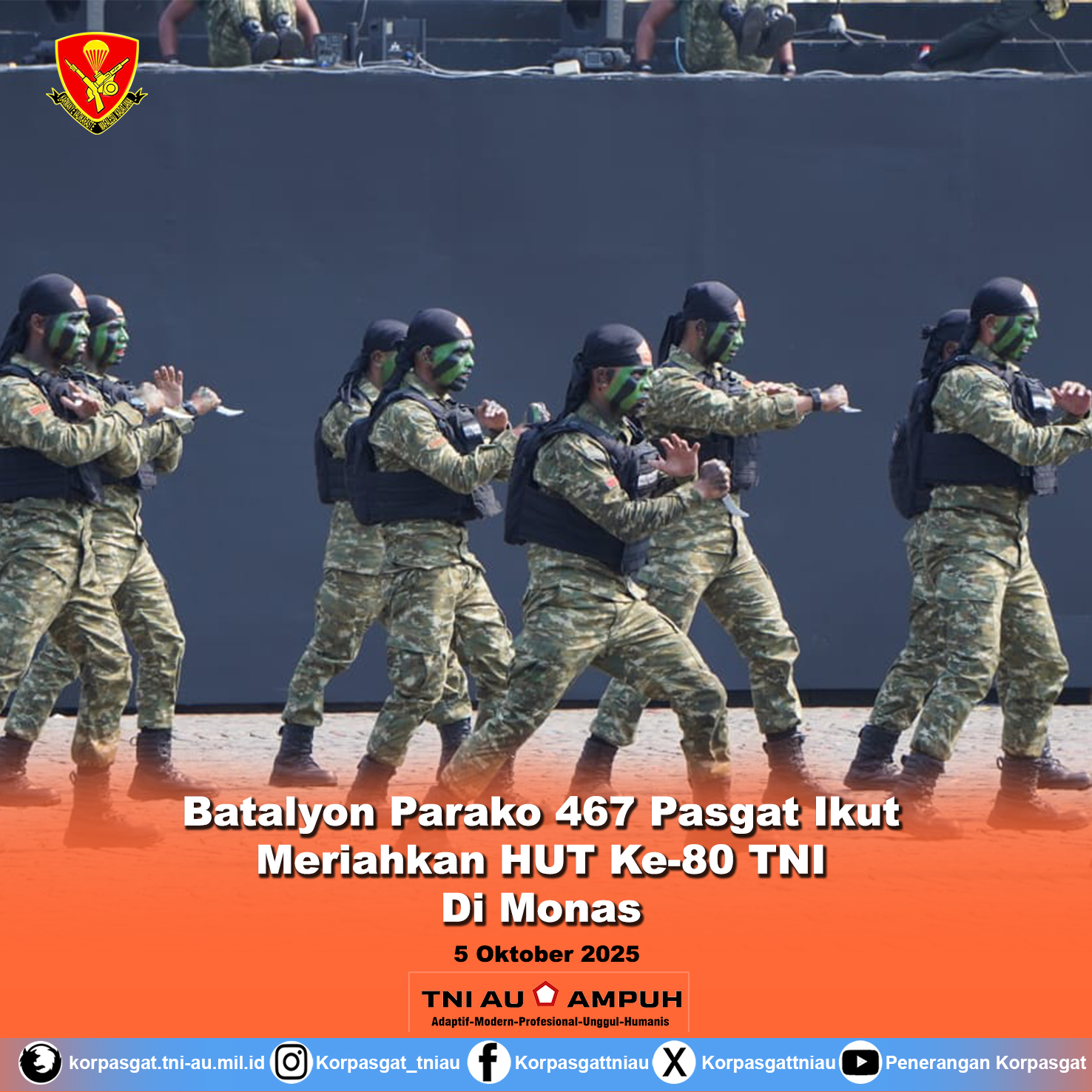 Batalyon Parako 467 Pasgat Ikut Meriahkan HUT Ke-80 TNI di Monas