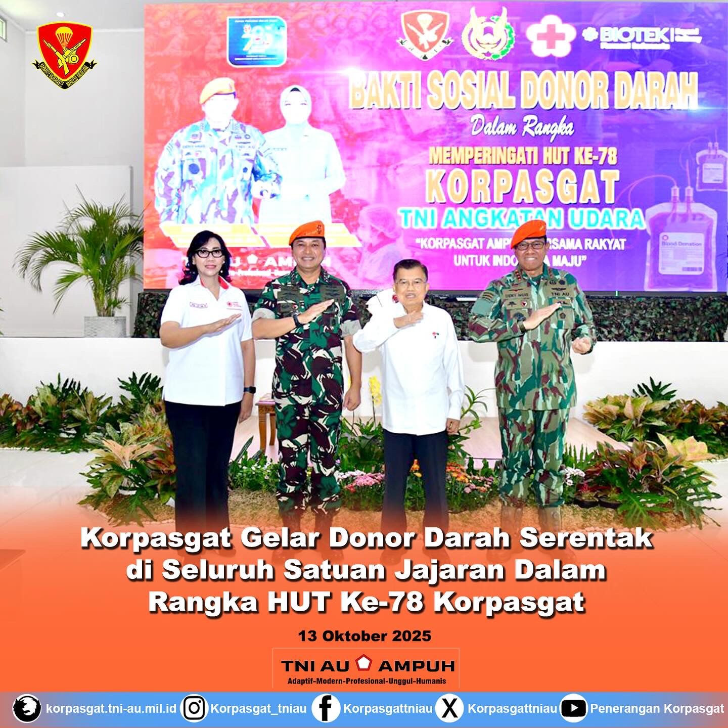 Korpasgat Gelar Donor Darah Serentak di Seluruh Satuan Jajaran Dalam Rangka HUT Ke-78 Korpasgat