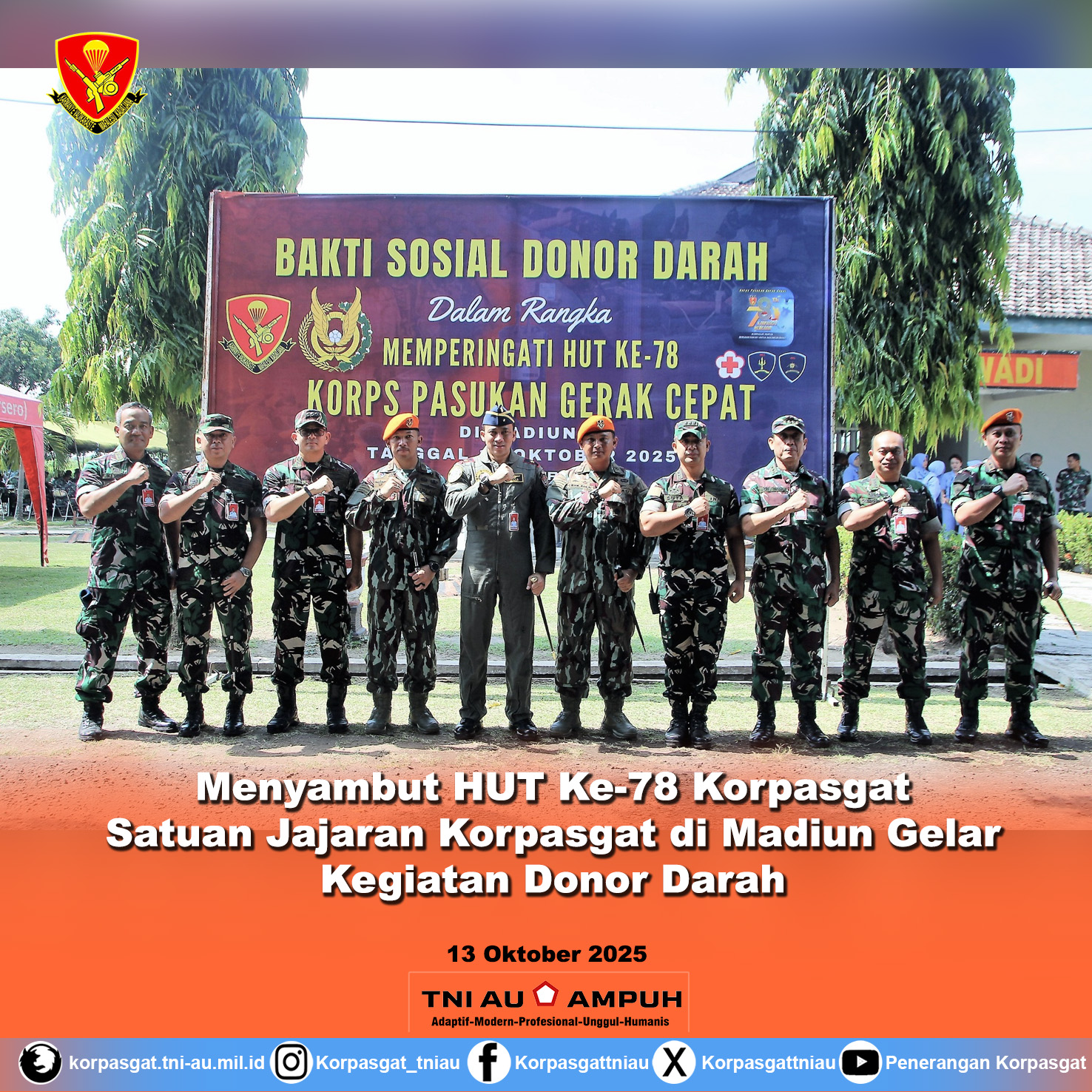 Menyambut HUT Ke-78 Korpasgat, Satuan Jajaran Korpasgat di Madiun Gelar Kegiatan Donor Darah