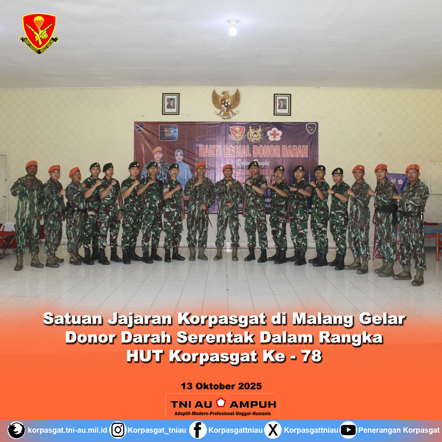 Satuan Jajaran Korpasgat di Malang Gelar Donor Darah Serentak Dalam Rangka HUT Korpasgat Ke-78