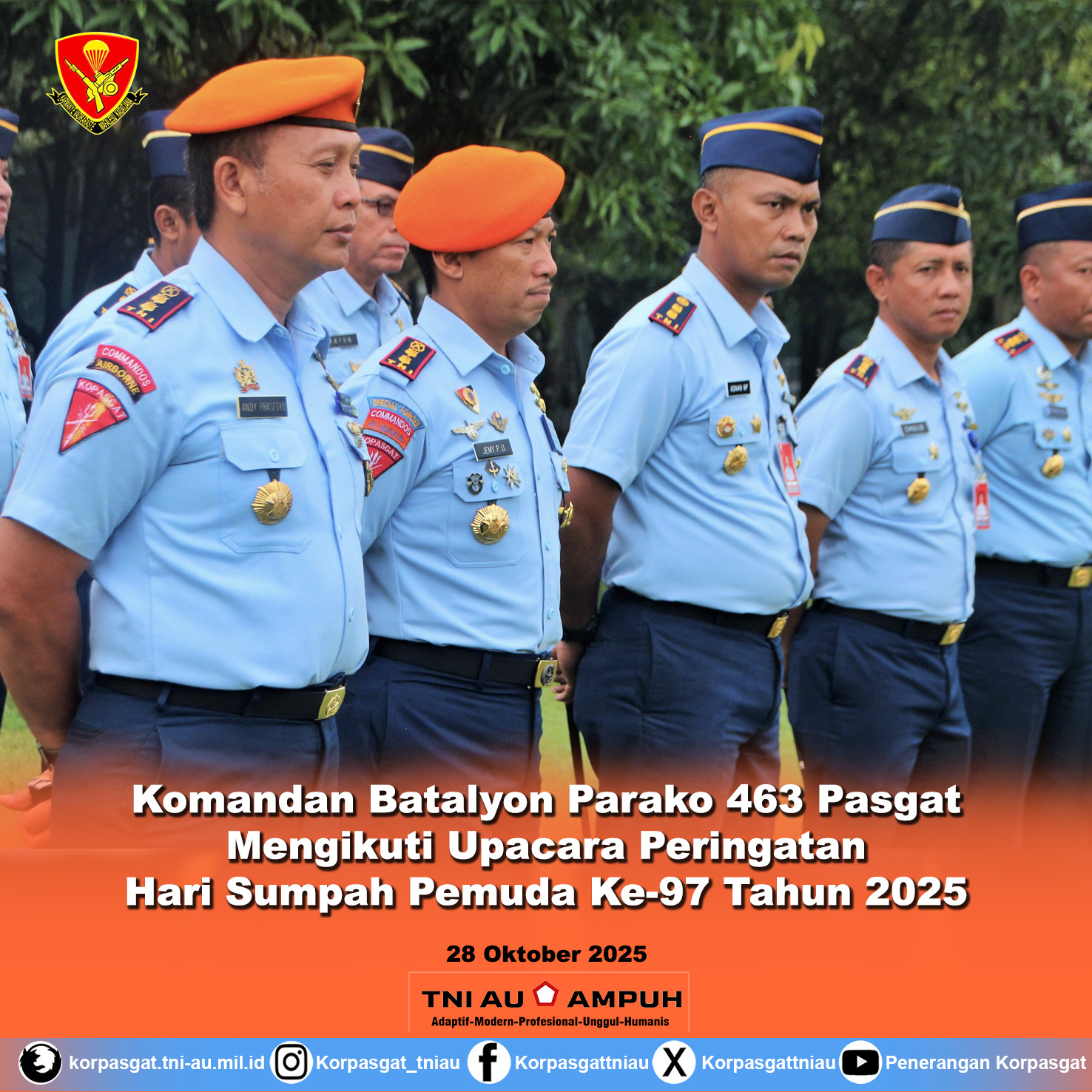 Komandan Batalyon Parako 463 Brigade Parako 1 Pasgat Mengikuti Upacara Peringatan Hari Sumpah Pemuda Ke-97 Tahun 2025