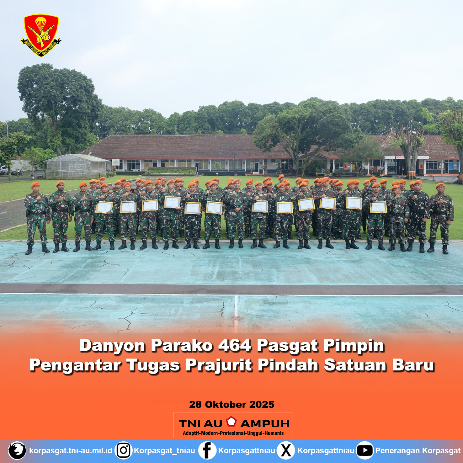 Danyon Parako 464 Pasgat Pimpin Pengantar Tugas Prajurit Pindah Satuan Baru