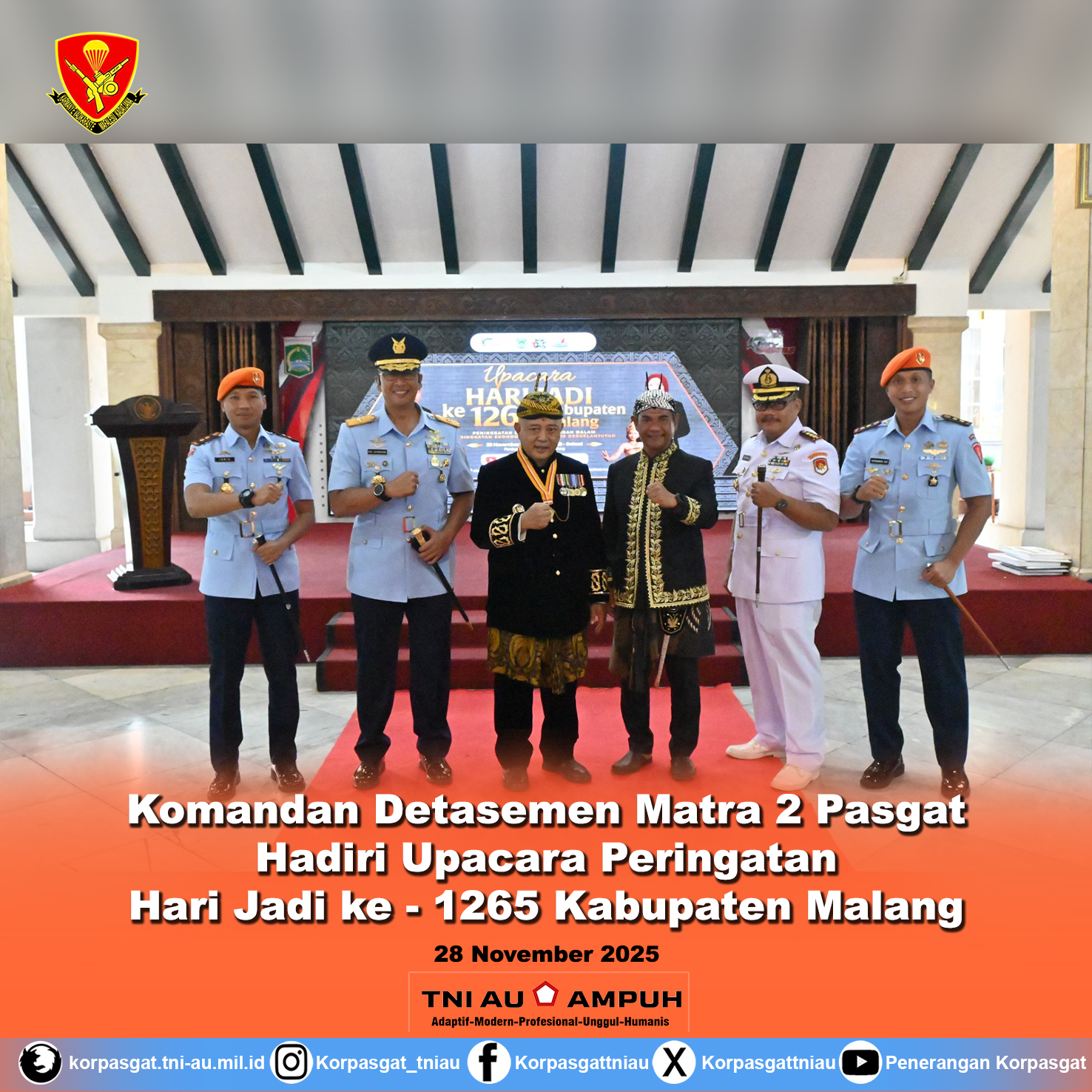 Komandan Detasemen Matra 2 Pasgat Hadiri Upacara Peringatan Hari Jadi ke – 1265 Kabupaten Malang