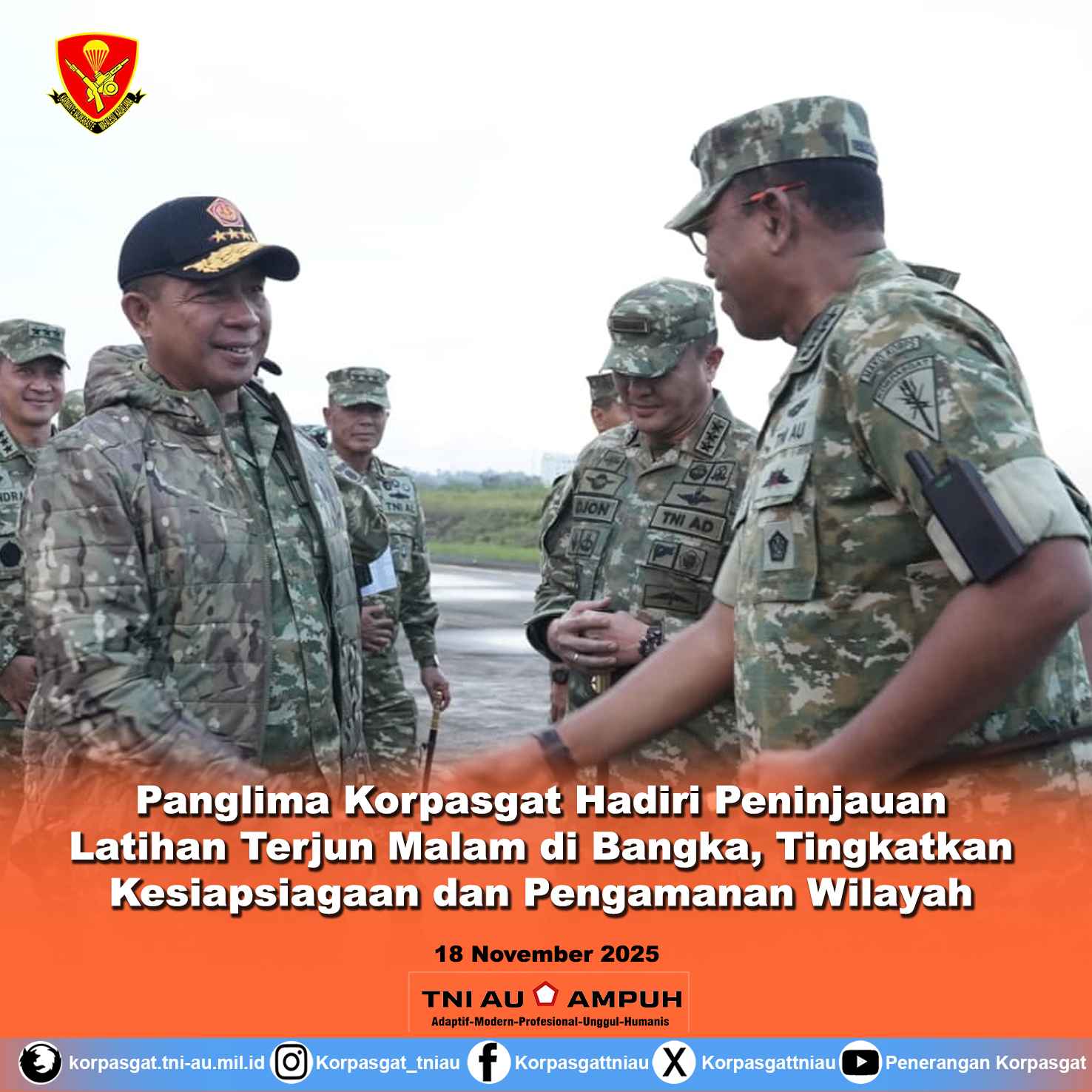 Panglima Korpasgat Hadiri Peninjauan Latihan Terjun Malam di Bangka, Tingkatkan Kesiapsiagaan dan Pengamanan Wilayah