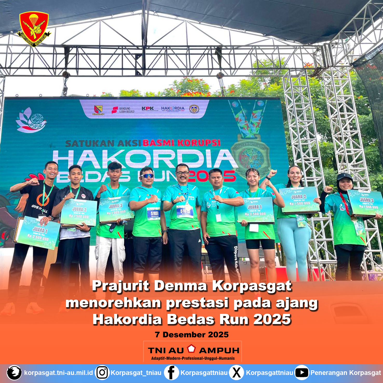 Prajurit Denma Korpasgat menorehkan prestasi pada ajang Hakordia Bedas Run 2025