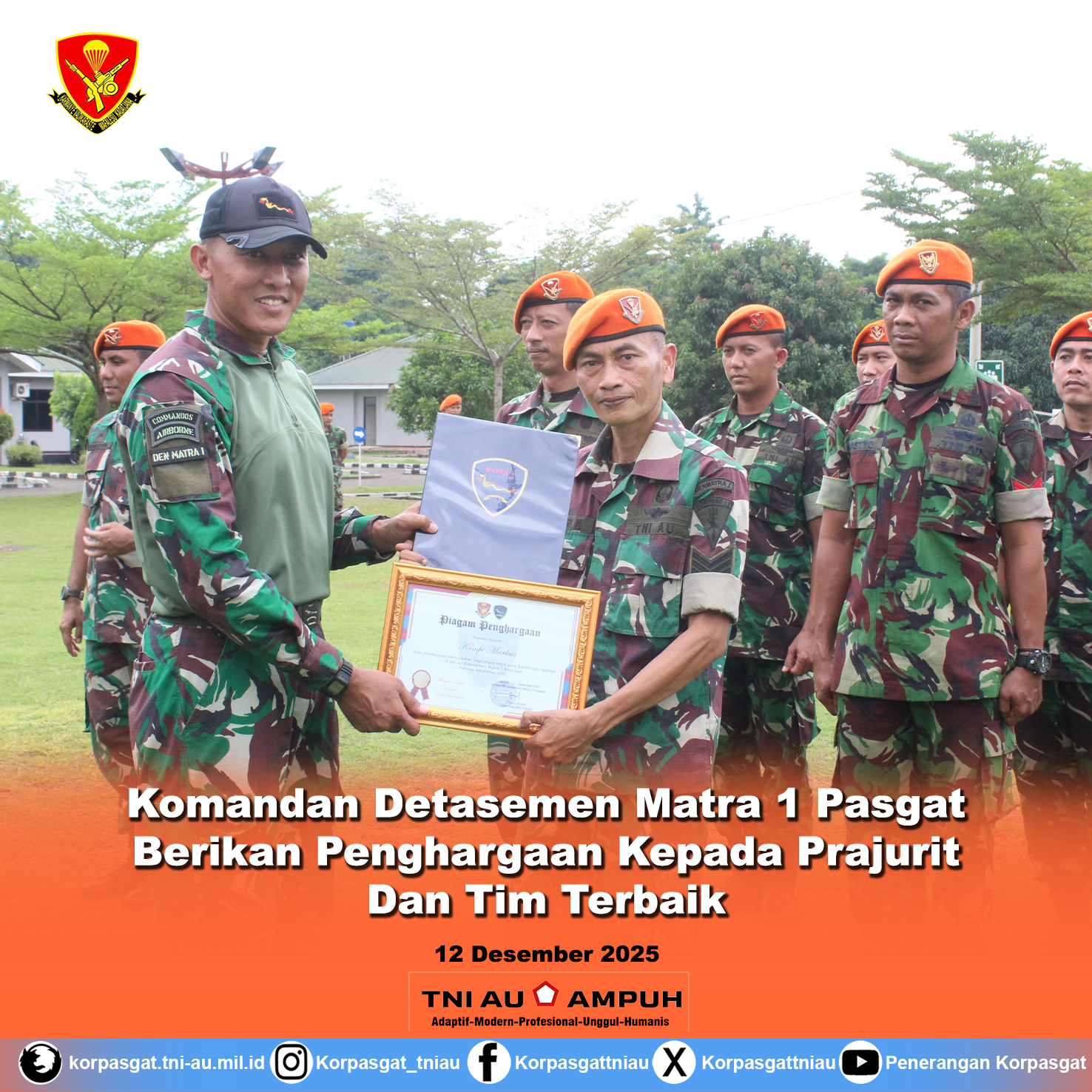 Komandan Detasemen Matra 1 Pasgat Berikan Penghargaan kepada Prajurit dan Tim Terbaik