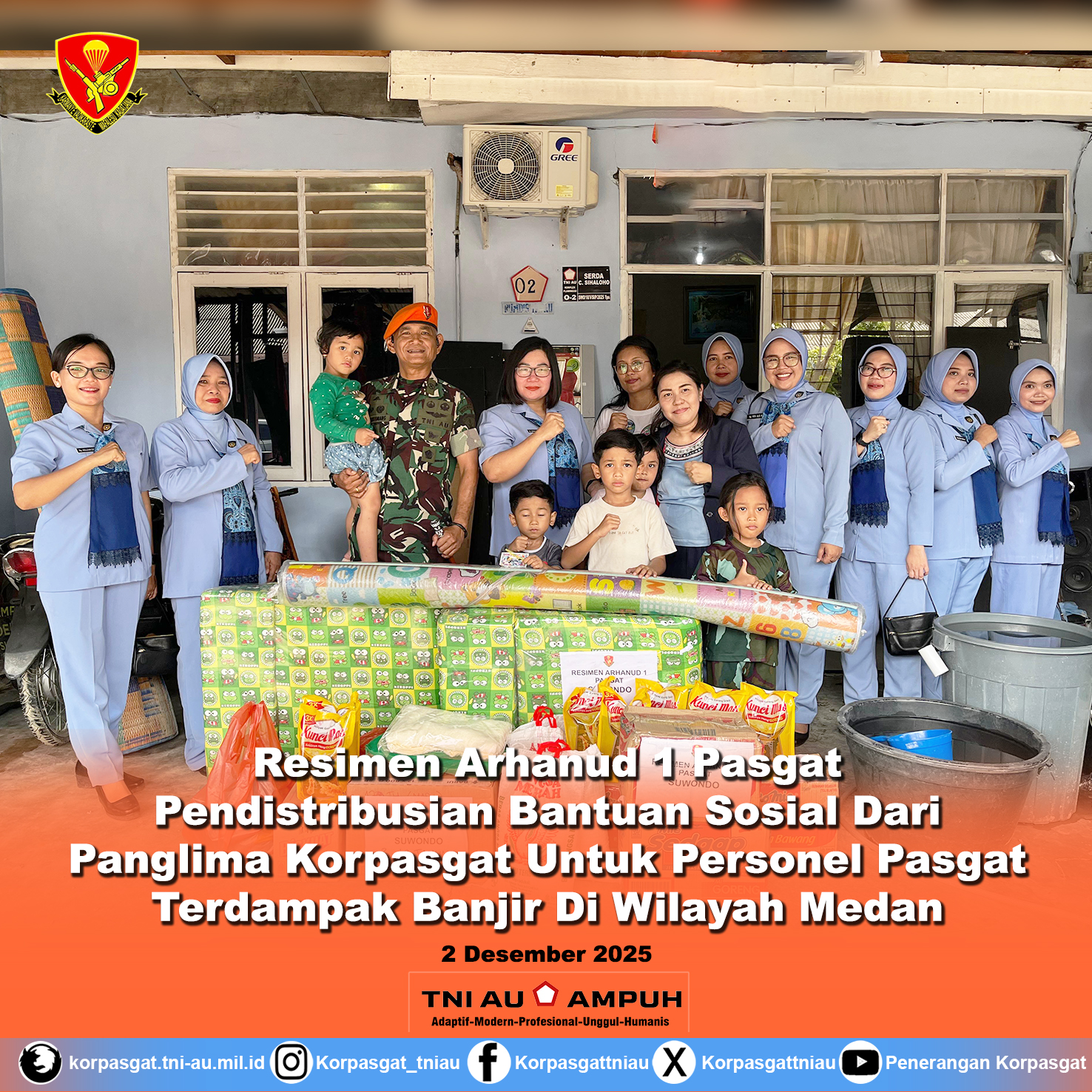 Resimen Arhanud 1 Pasgat Distribusikan Bantuan Sosial dari Panglima Korpasgat untuk Personel Pasgat Terdampak Banjir di Wilayah Medan