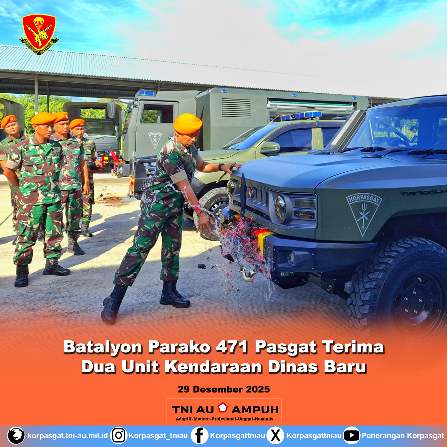 Batalyon Parako 471 Pasgat Terima Dua Unit Kendaraan Dinas Baru