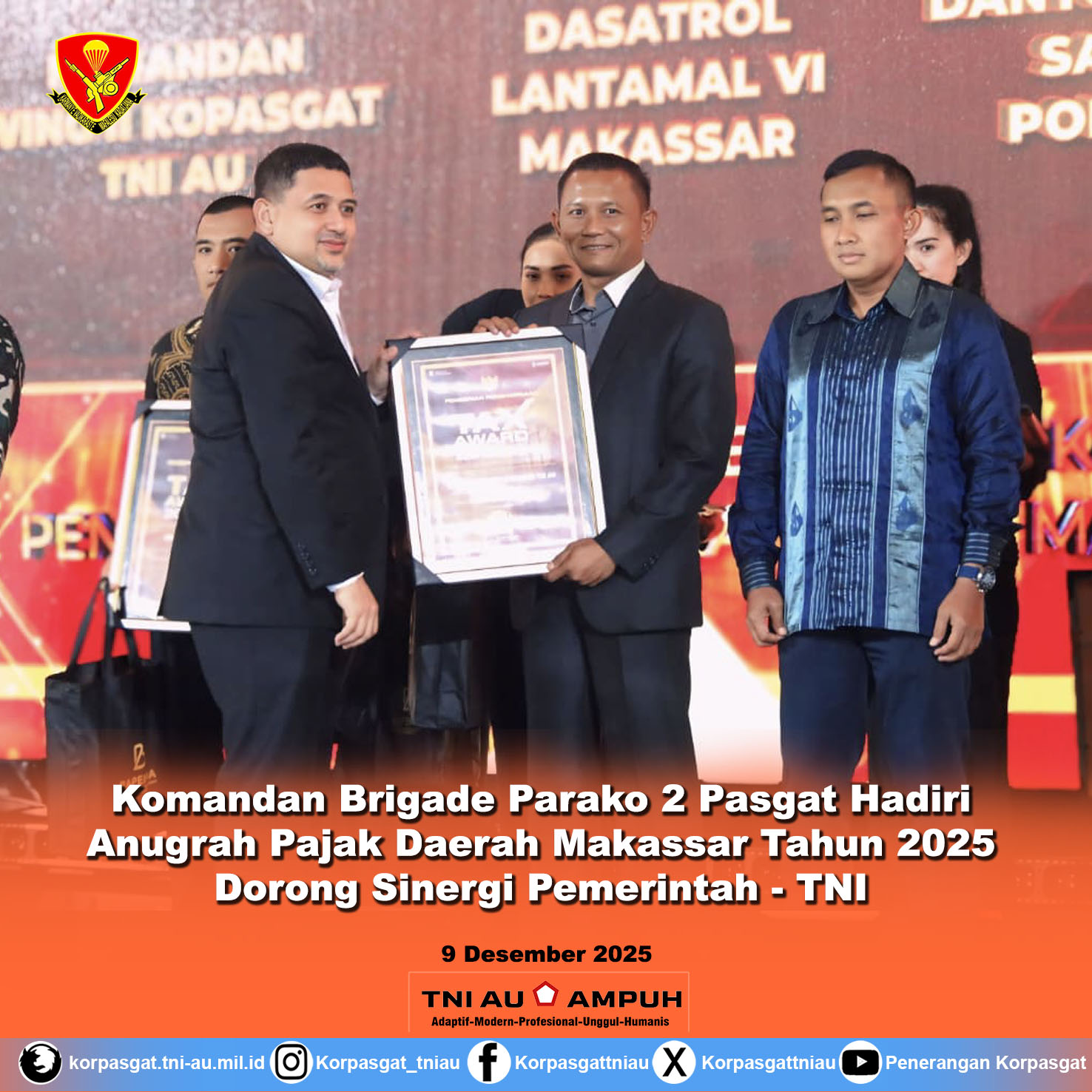 Komandan Brigade Para Komando 2 Pasgat Hadiri Anugrah Pajak Daerah Makassar Tahun 2025, Dorong Sinergi Pemerintah – TNI