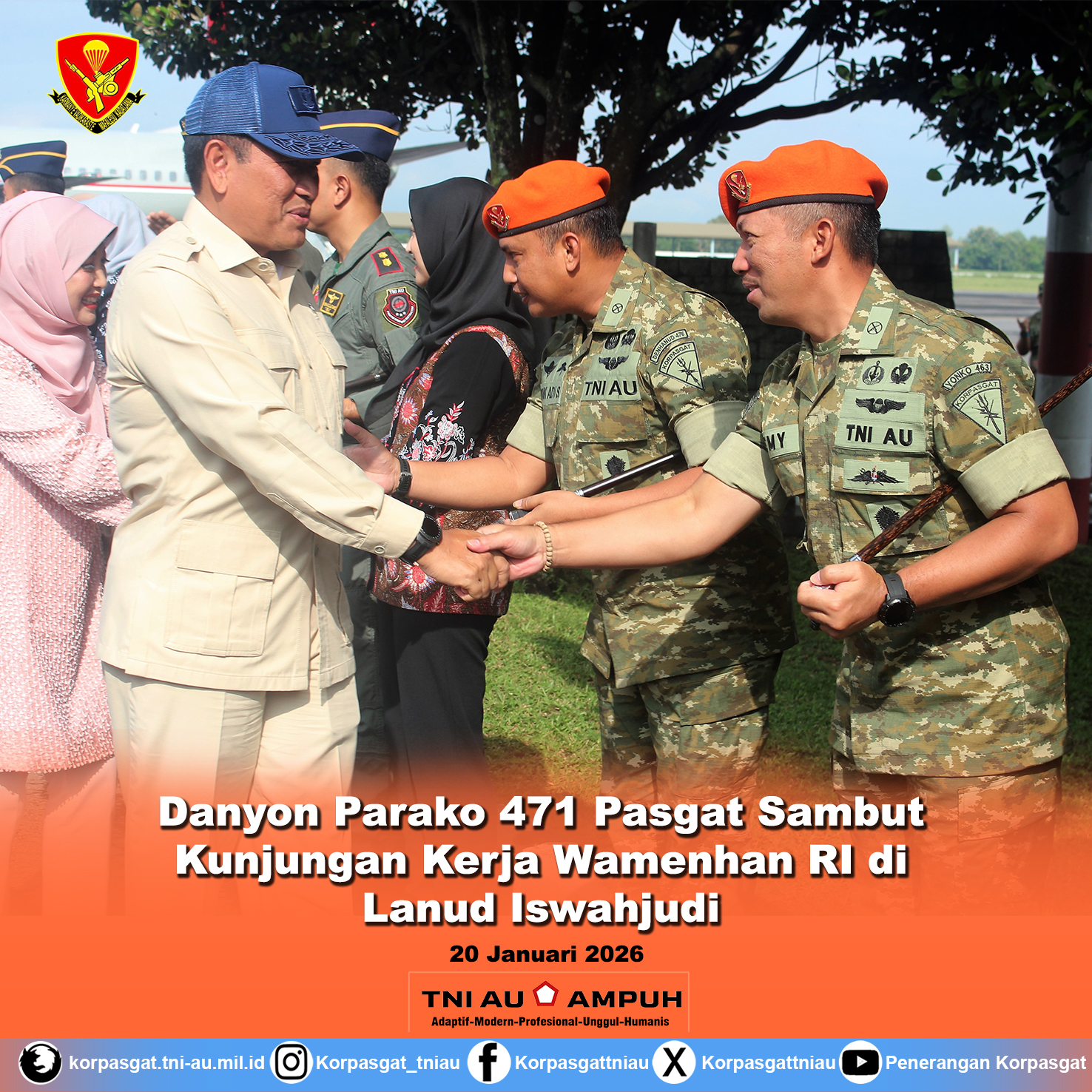 Danyon Parako 471 Pasgat Sambut Kunjungan Kerja Wamenhan RI di Lanud Iswahjudi