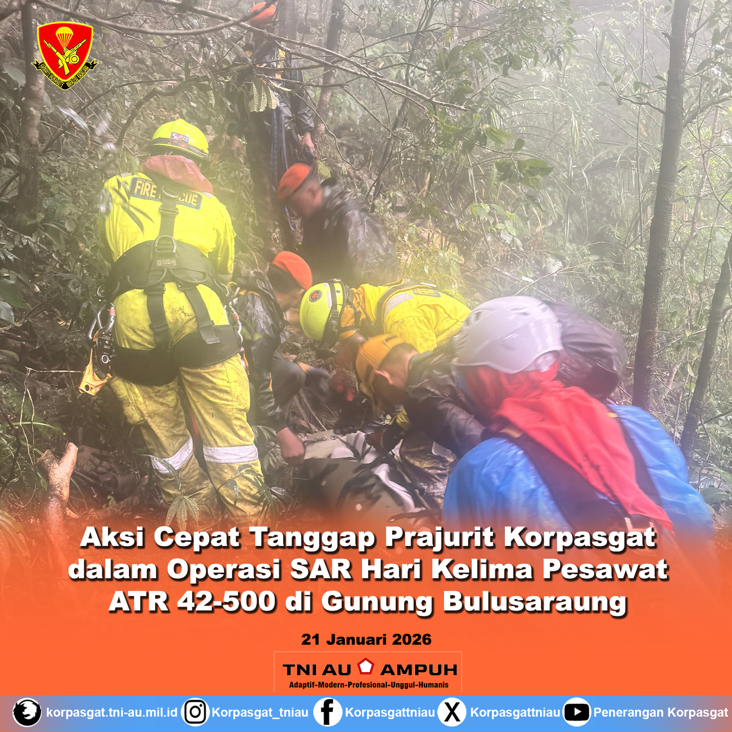 Aksi Cepat Tanggap Prajurit Korpasgat dalam Operasi SAR Hari Kelima Pesawat ATR 42-500 di Gunung Bulusaraung
