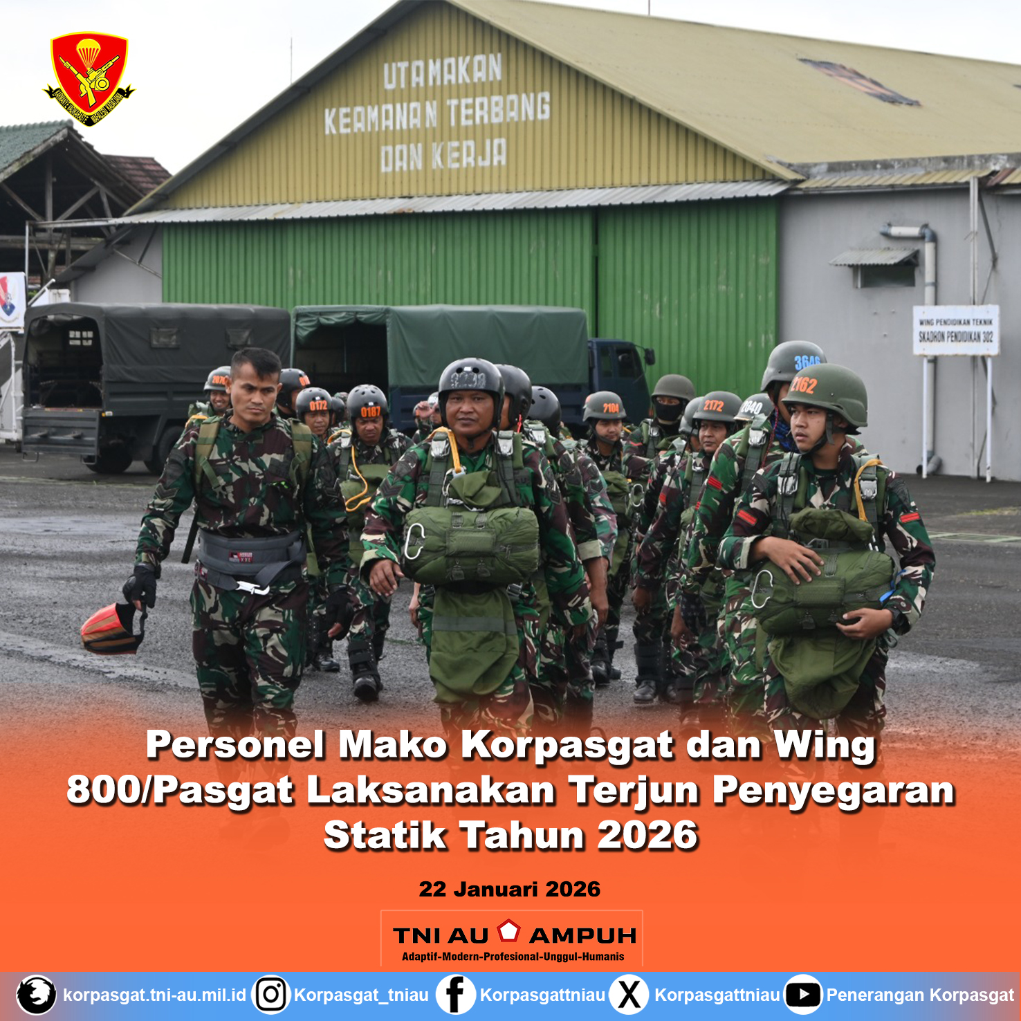 Personel Mako Korpasgat dan Wing 800/Pasgat Laksanakan Terjun Penyegaran Statik Tahun 2026