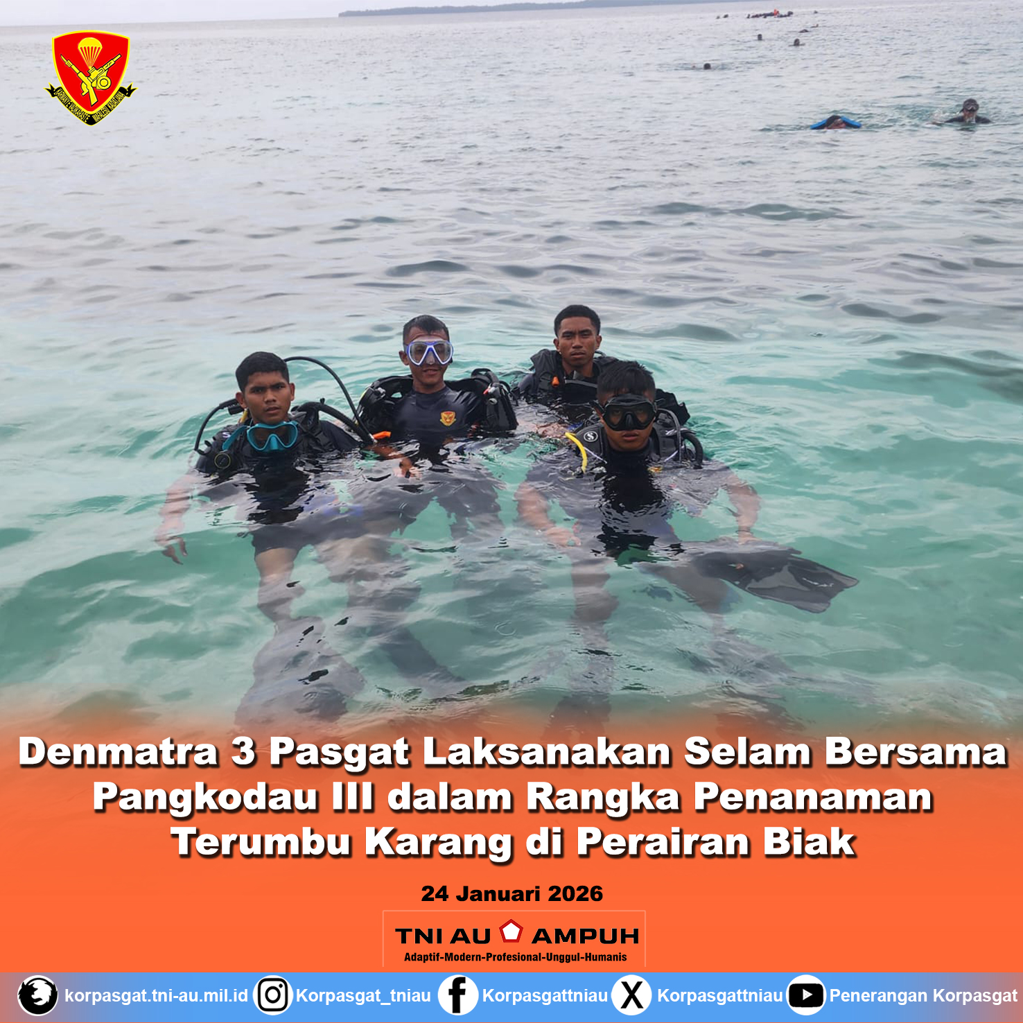 Denmatra 3 Pasgat Laksanakan Selam Bersama Pangkodau III dalam Rangka Penanaman Terumbu Karang di Perairan Biak