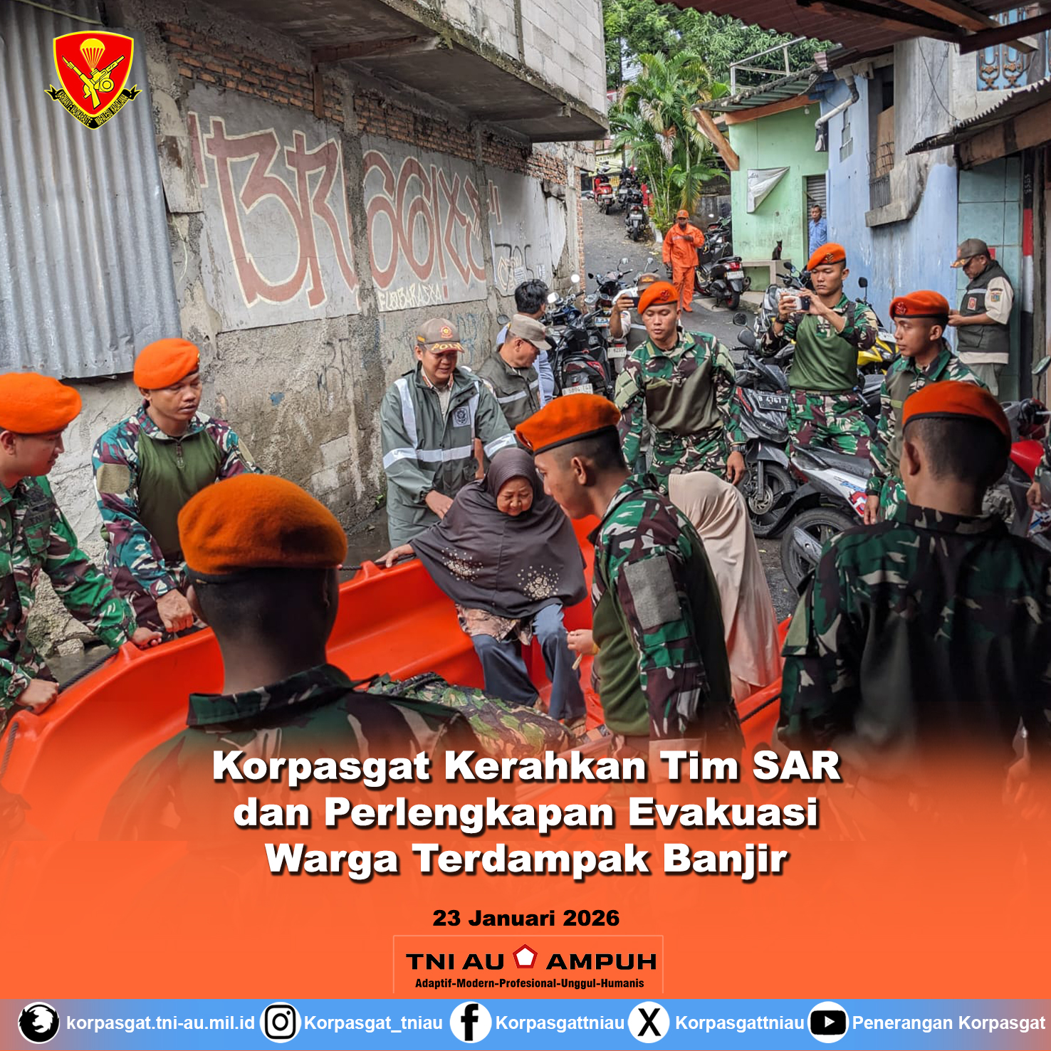 Korpasgat Kerahkan Tim SAR dan Perlengkapan Evakuasi Warga Terdampak Banjir