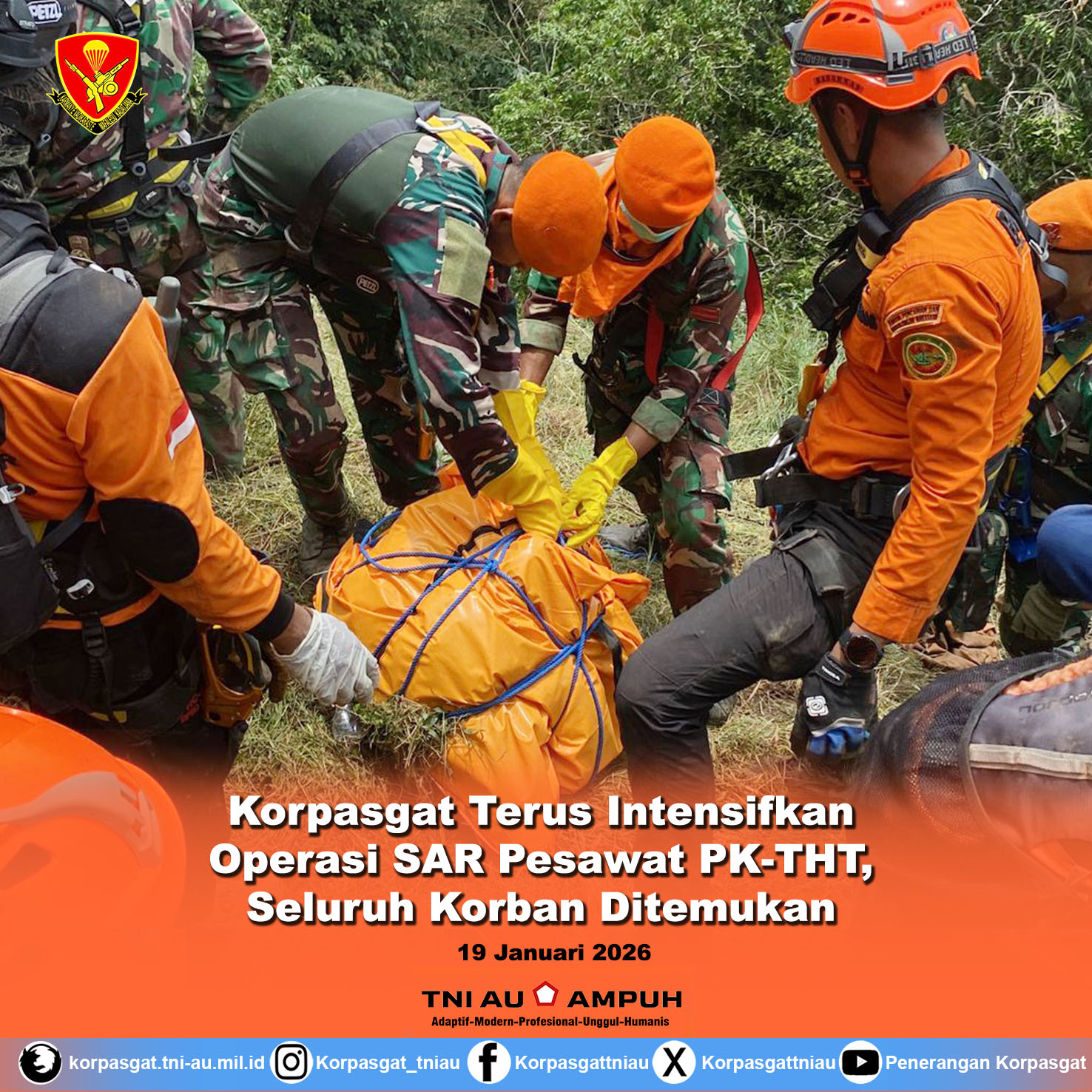 Korpasgat Terus Intensifkan Operasi SAR Pesawat PK-THT, Seluruh Korban Ditemukan