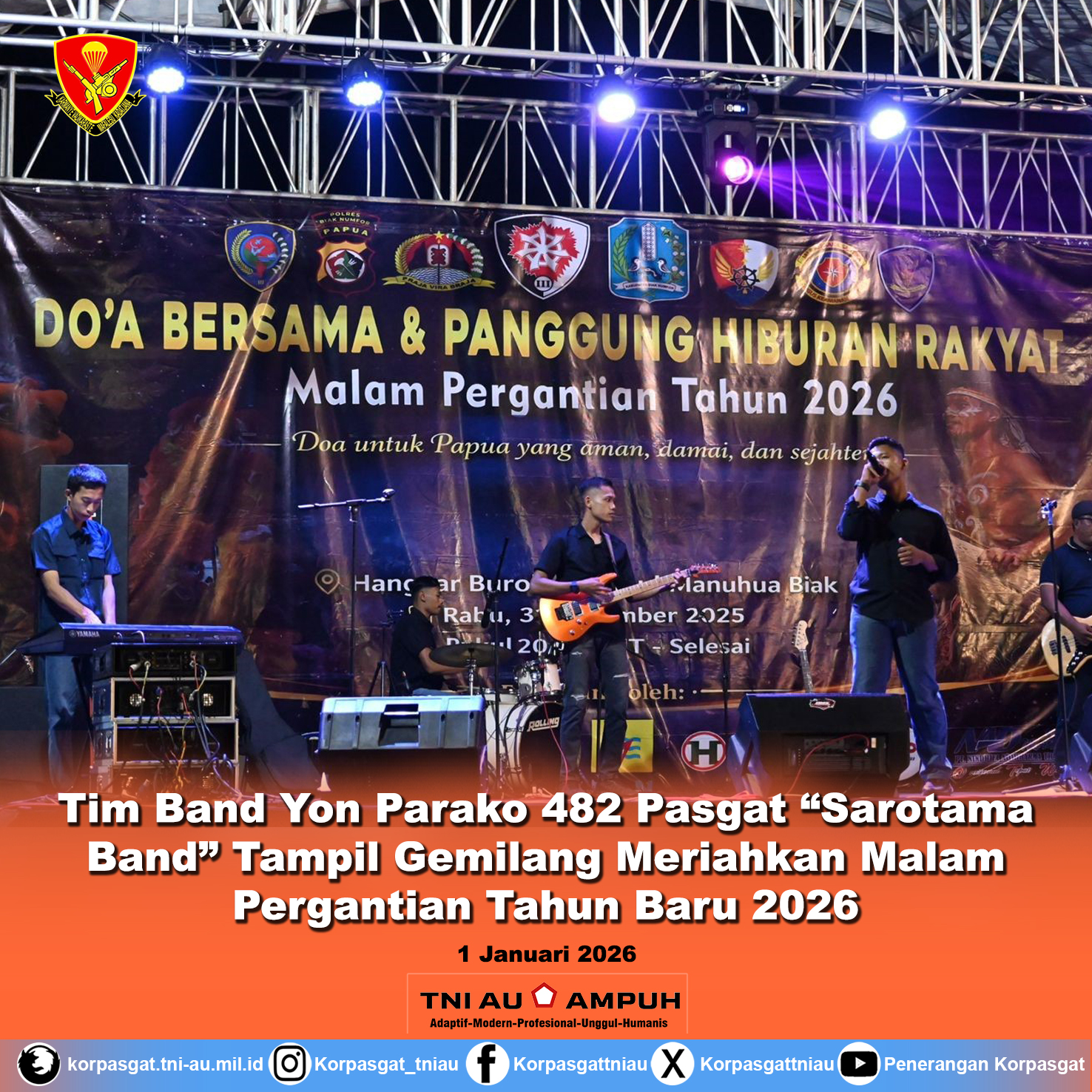 Tim Band Yon Parako 482 Pasgat “Sarotama Band” Tampil Gemilang Meriahkan Malam Pergantian Tahun Baru 2026