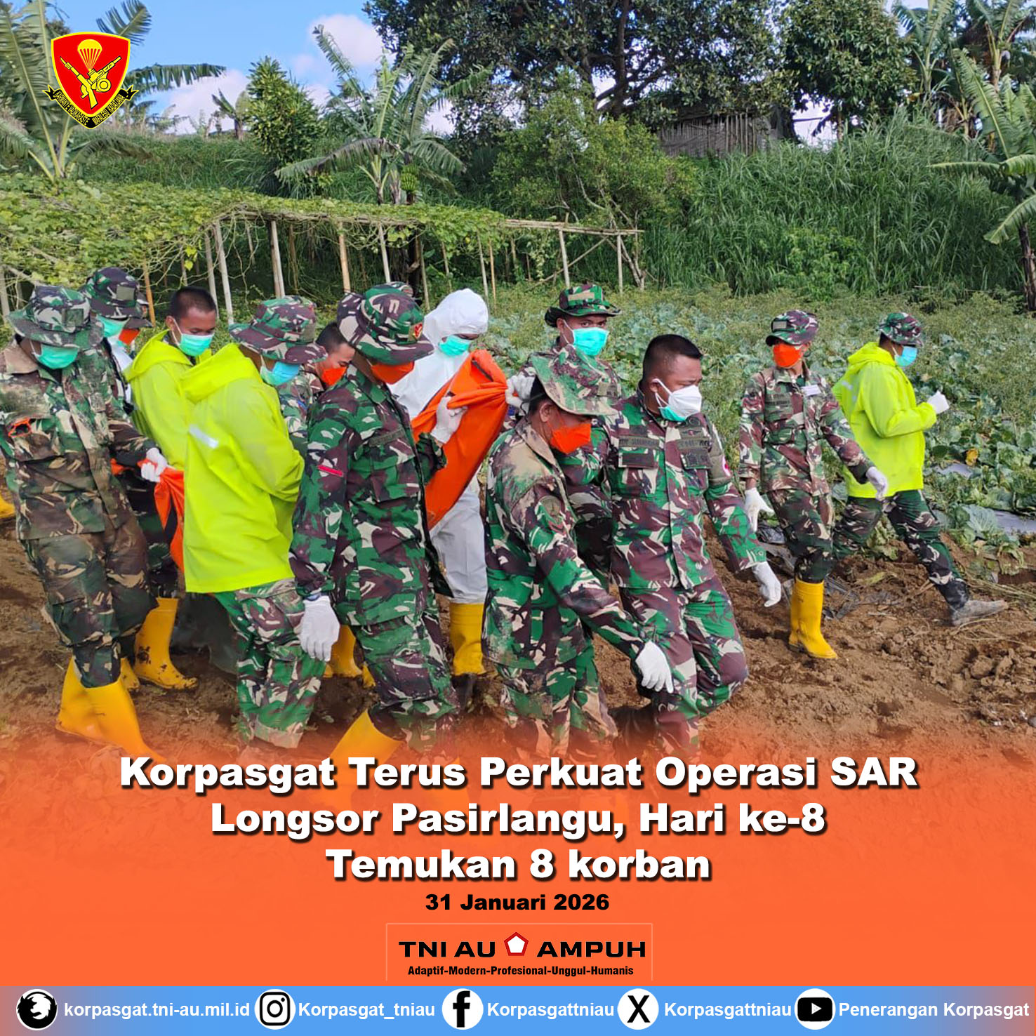 Korpasgat Terus Perkuat Operasi SAR Longsor Pasirlangu, Hari ke-8 Temukan 8 korban