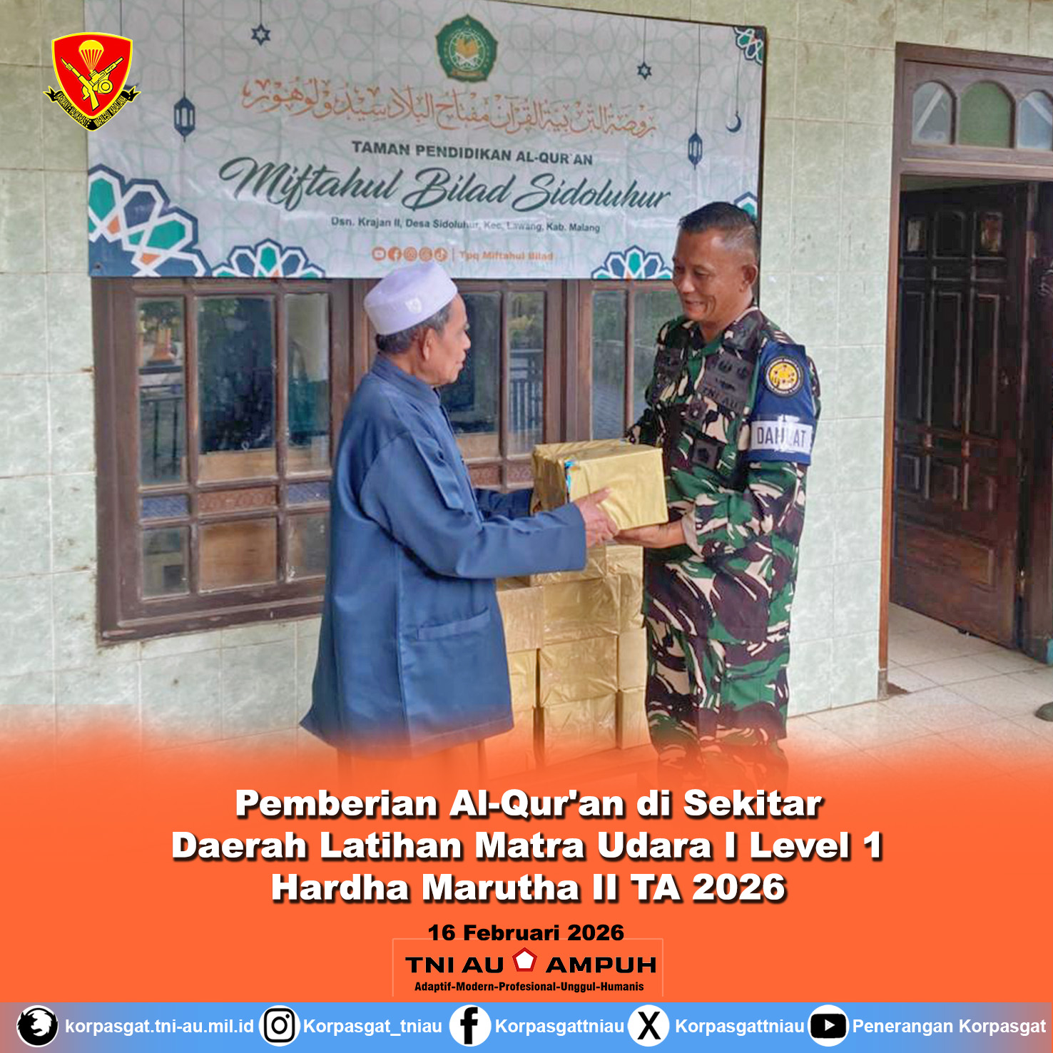 Pemberian Al-Qur’an di Sekitar Daerah Latihan Matra Udara I Level 1 Hardha Marutha II TA 2026