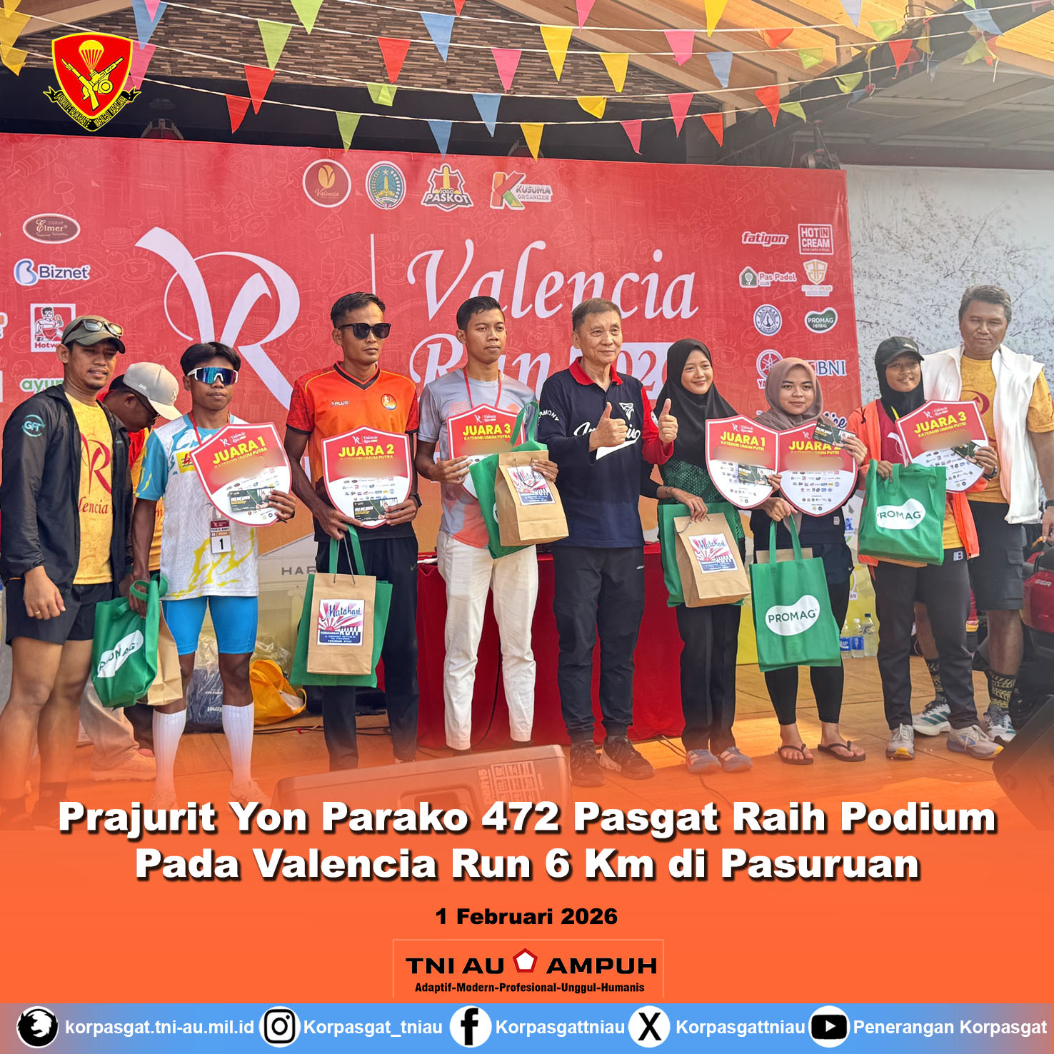 Prajurit Yon Parako 472 Pasgat Raih Podium pada Valencia Run 6 Km di Pasuruan