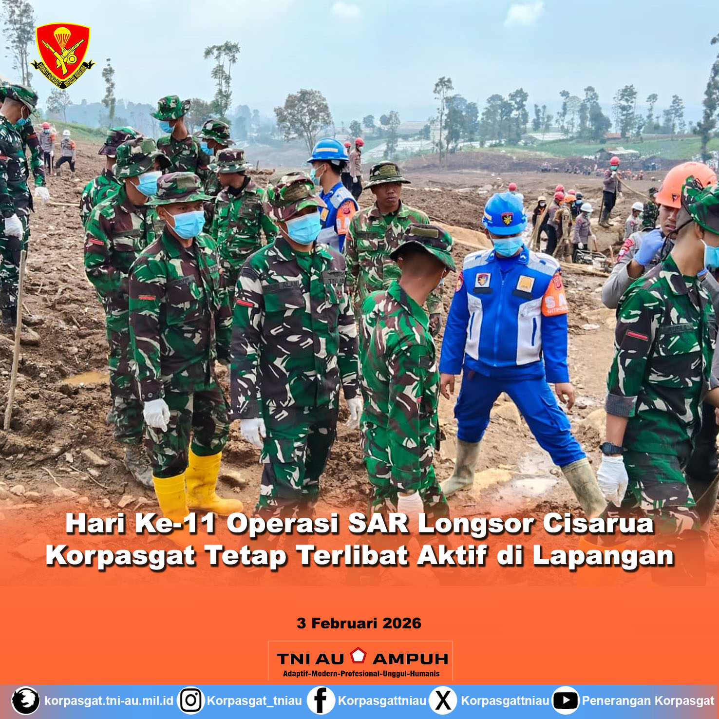 Hari Ke-11 Operasi SAR Longsor Cisarua, Korpasgat Tetap Terlibat Aktif di Lapang