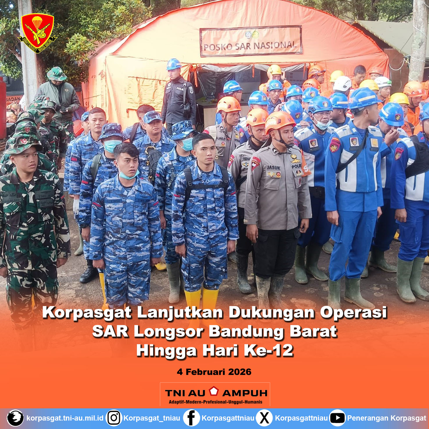 Korpasgat Lanjutkan Dukungan Operasi SAR Longsor Bandung Barat Hingga Hari Ke-12 Korpasgat Lanjutkan Dukungan Operasi SAR Longsor Bandung Barat Hingga Hari Ke-12