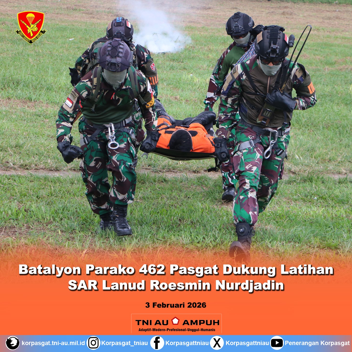 Batalyon Parako 462 Pasgat Dukung Latihan SAR Lanud Roesmin Nurdjadin
