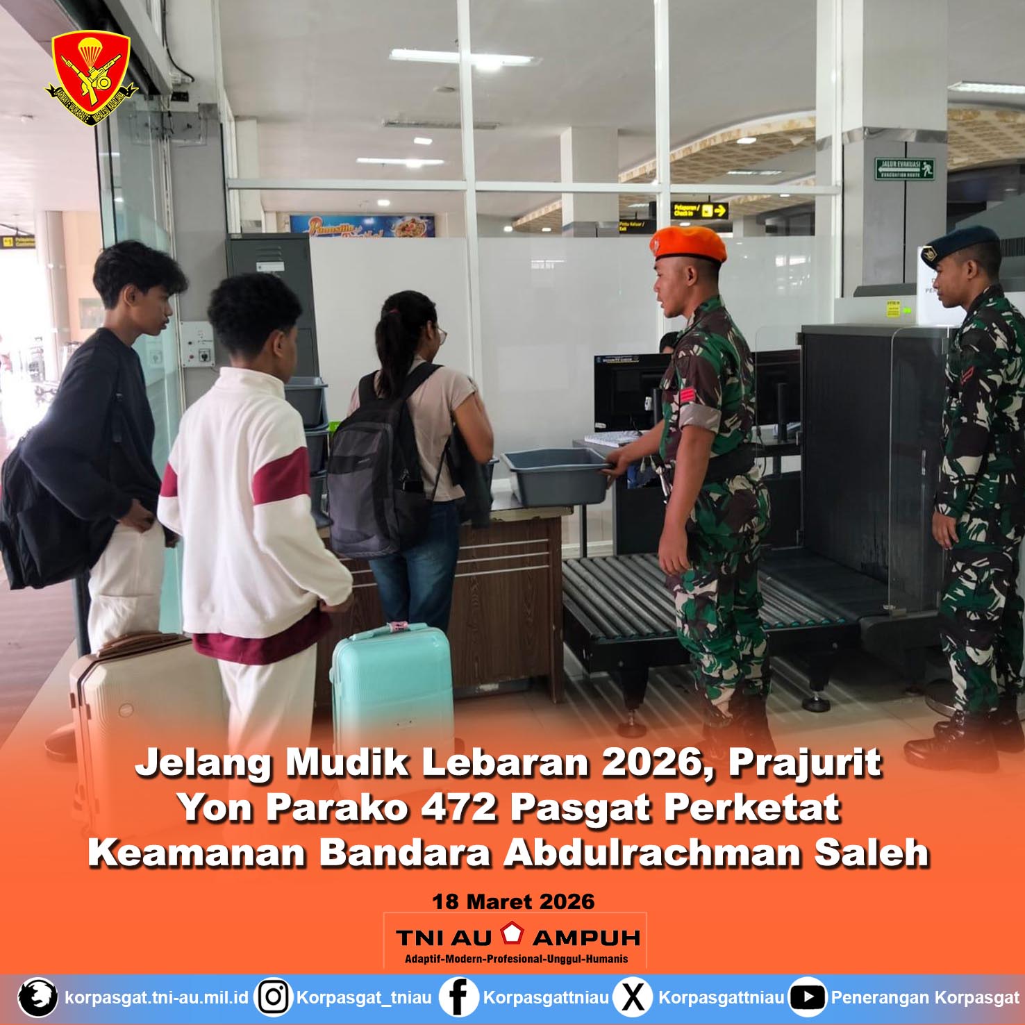 Jelang Mudik Lebaran 2026, Prajurit Yon Parako 472 Pasgat Perketat Keamanan Bandara Abdulrachman Saleh