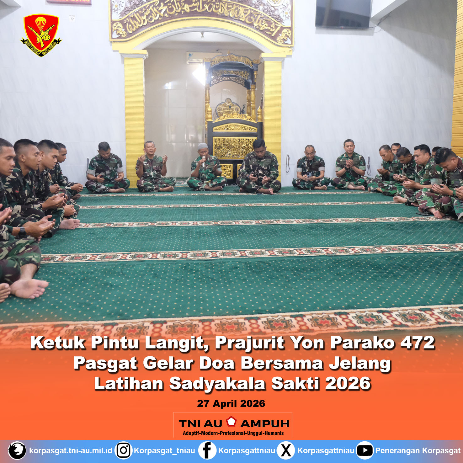 Ketuk Pintu Langit, Prajurit Yon Parako 472 Pasgat Gelar Doa Bersama Jelang  Latihan Sadyakala Sakti 2026