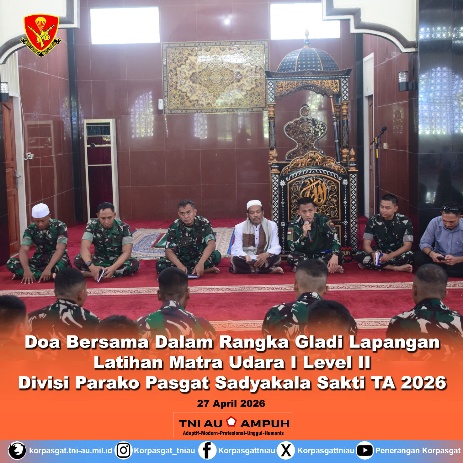 Doa Bersama Dalam Rangka Gladi Lapangan Latihan Matra Udara I Level II Divisi Parako Pasgat Sadyakala Sakti TA 2026