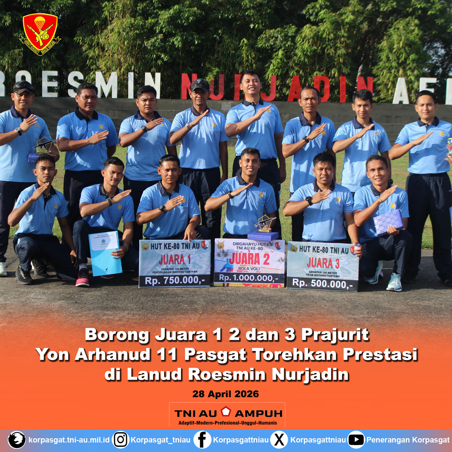 Borong Juara 1 2 dan 3 Prajurit Yon Arhanud 11 Pasgat Torehkan Prestasi di Lanud Roesmin Nurjadin