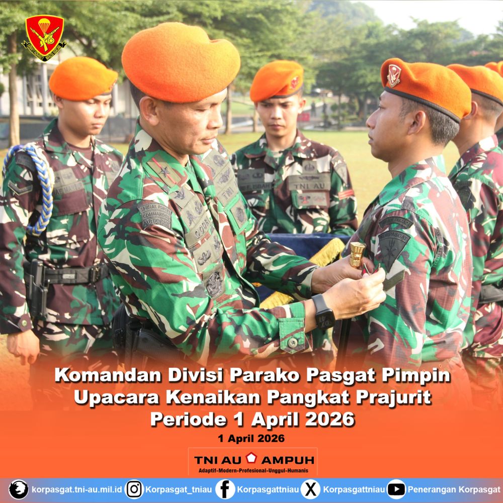 Komandan Divisi Parako Pasgat Pimpin Upacara Kenaikan Pangkat Prajurit Periode 1 April 2026