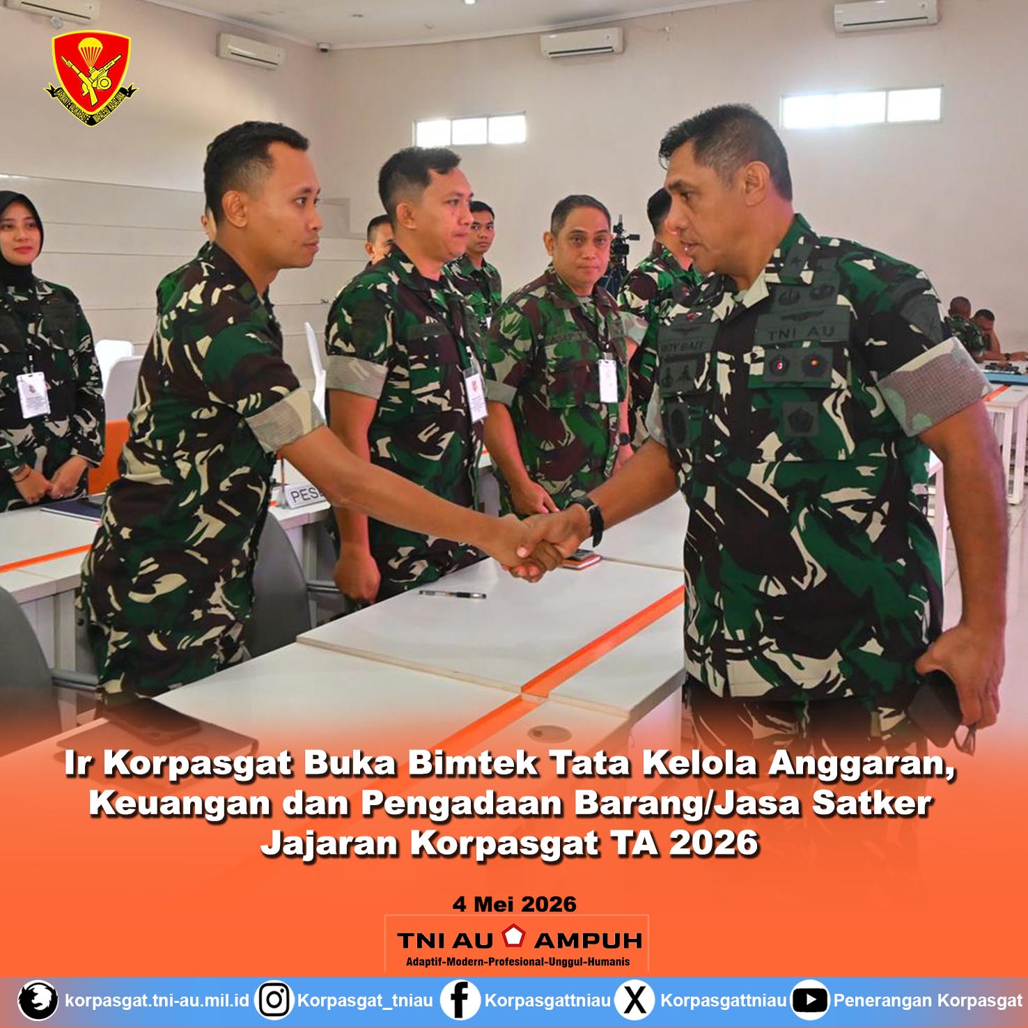 Inspektur Korpasgat Buka Bimtek Tata Kelola Anggaran, Keuangan dan Pengadaan Barang/Jasa Satker Jajaran Korpasgat TA 2026