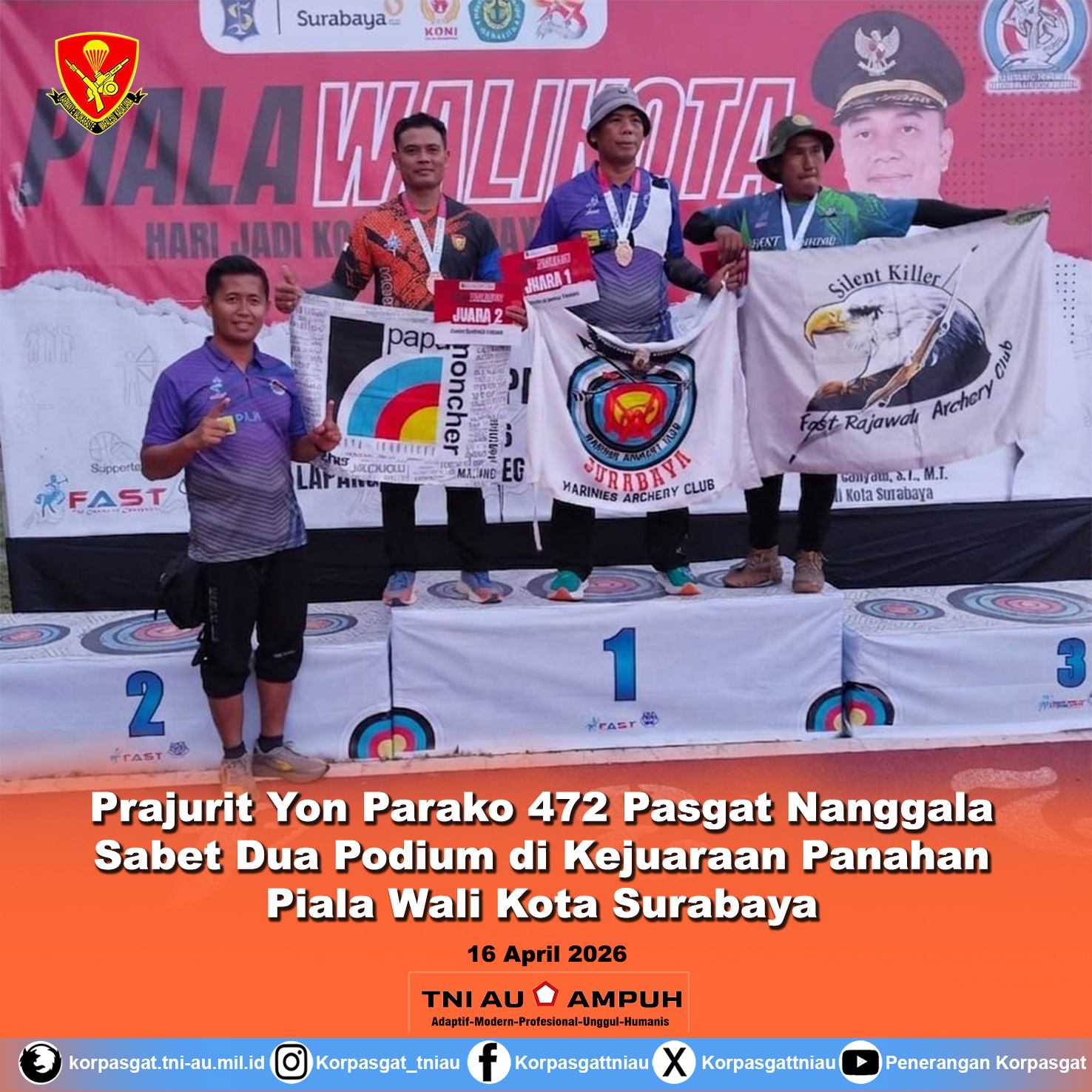Prajurit Yon Parako 472 Pasgat Nanggala Sabet Dua Podium di Kejuaraan Panahan Piala Wali Kota Surabaya