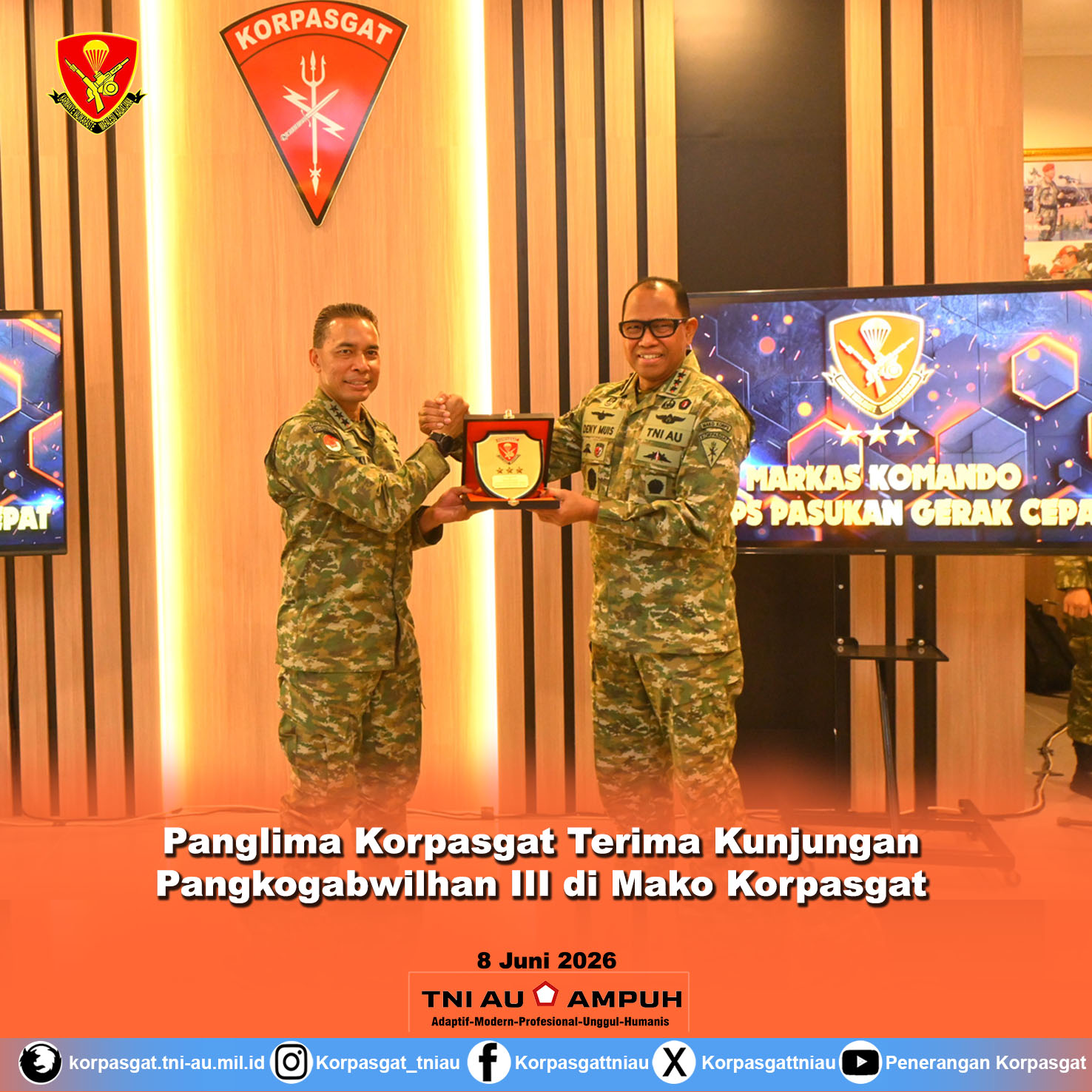Panglima Korpasgat Terima Kunjungan Pangkogabwilhan III di Mako Korpasgat