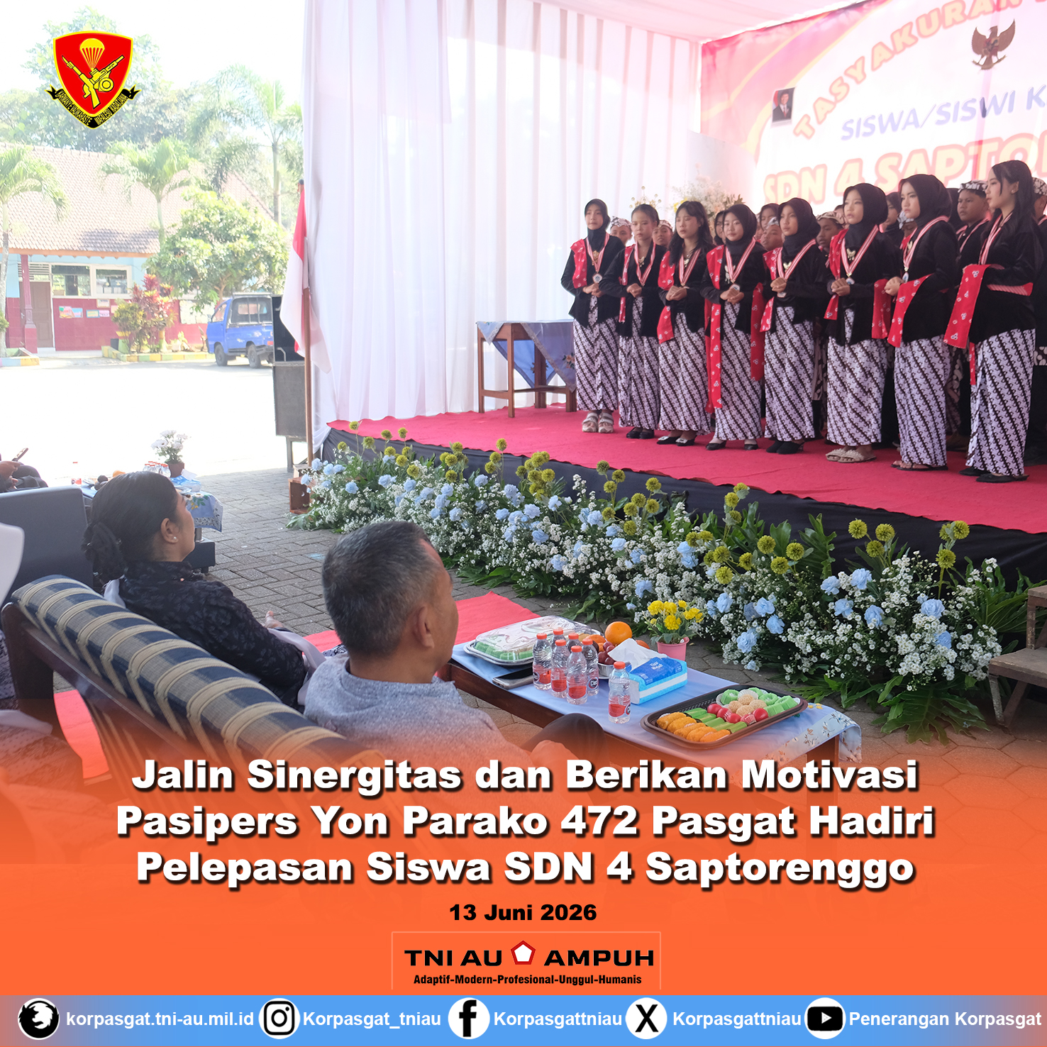 Jalin Sinergitas dan Berikan Motivasi, Pasipers Yon Parako 472 Pasgat Hadiri Pelepasan Siswa SDN 4 Saptorenggo Jalin Sinergitas dan Berikan Motivasi, Pasipers Yon Parako 472 Pasgat Hadiri Pelepasan Siswa SDN 4 Saptorenggo