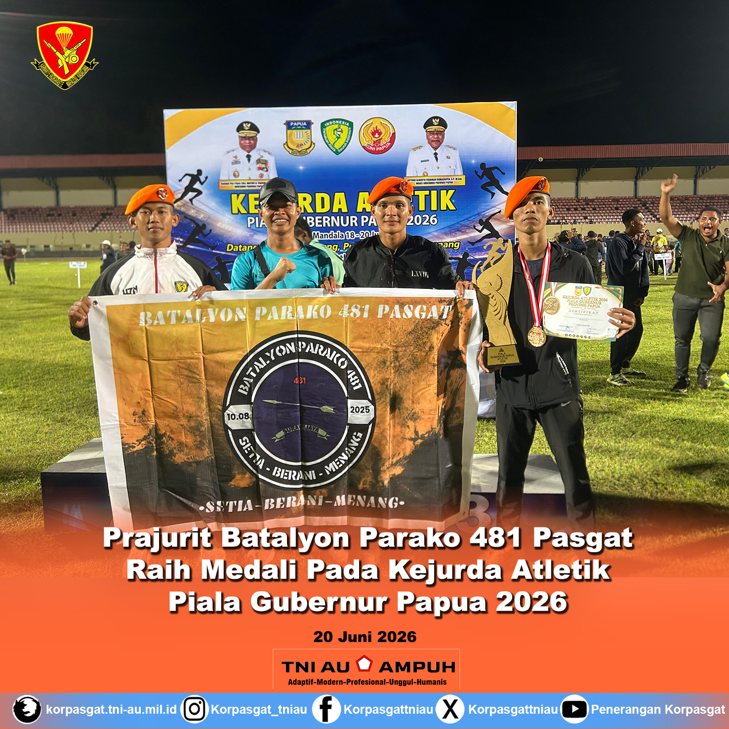 Prajurit Batalyon Parako 481 Pasgat Raih Medali Pada Kejurda Atletik Piala Gubernur Papua 2026