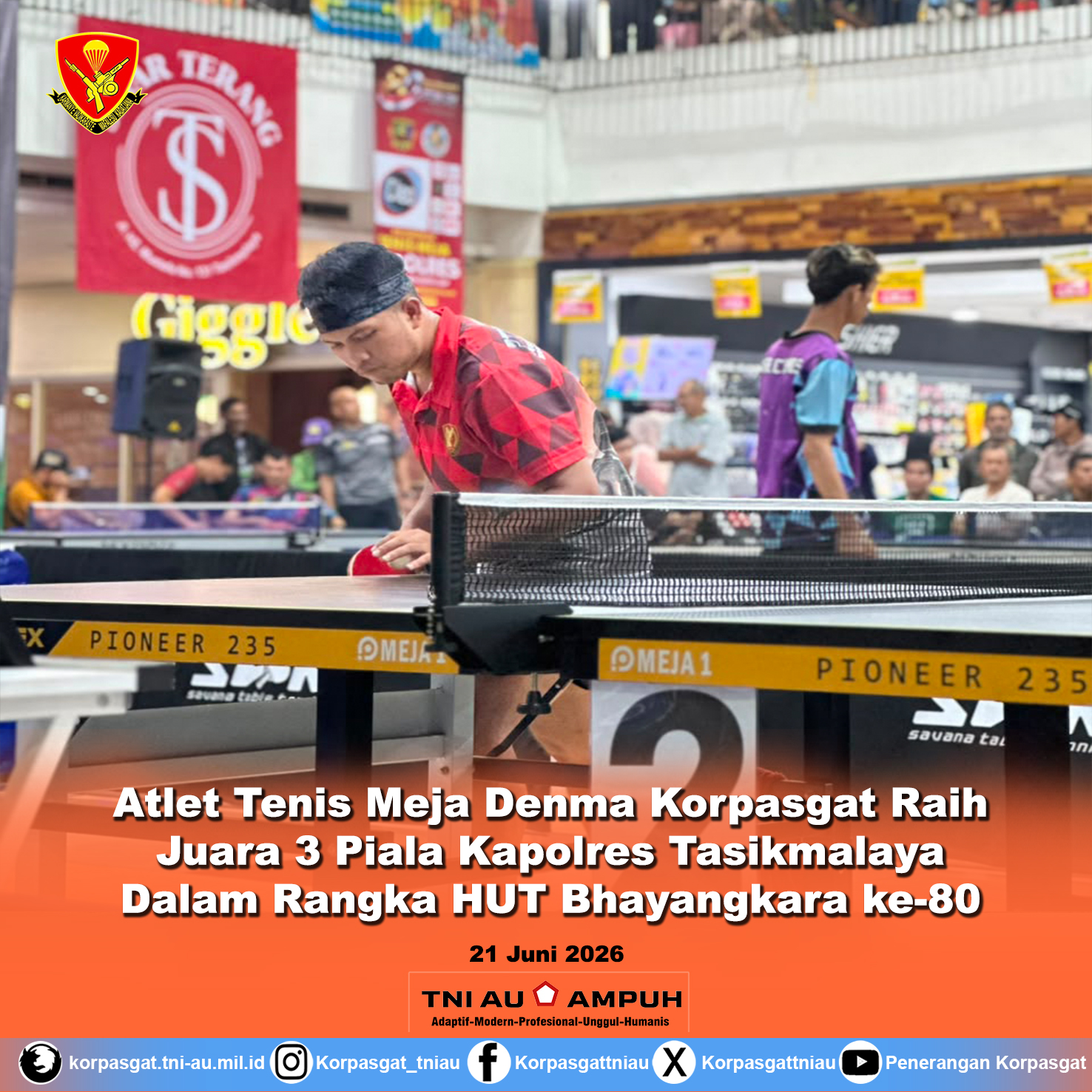 Atlet Tenis Meja Denma Korpasgat Raih Juara 3 Piala Kapolres Tasikmalaya Dalam Rangka HUT Bhayangkara ke-80