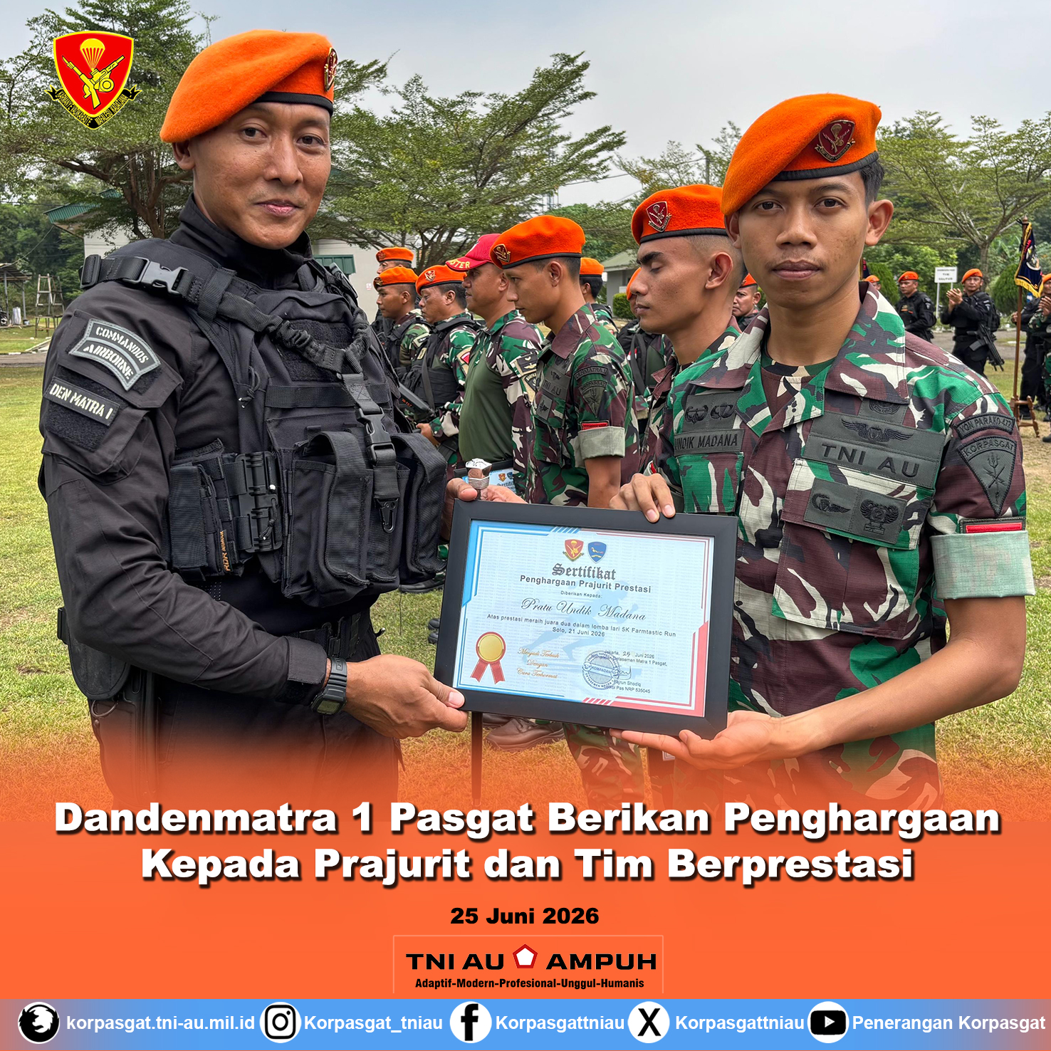 Dandenmatra 1 Pasgat Berikan Penghargaan Kepada Prajurit dan Tim Berprestasi Dandenmatra 1 Pasgat Berikan Penghargaan Kepada Prajurit dan Tim Berprestasi